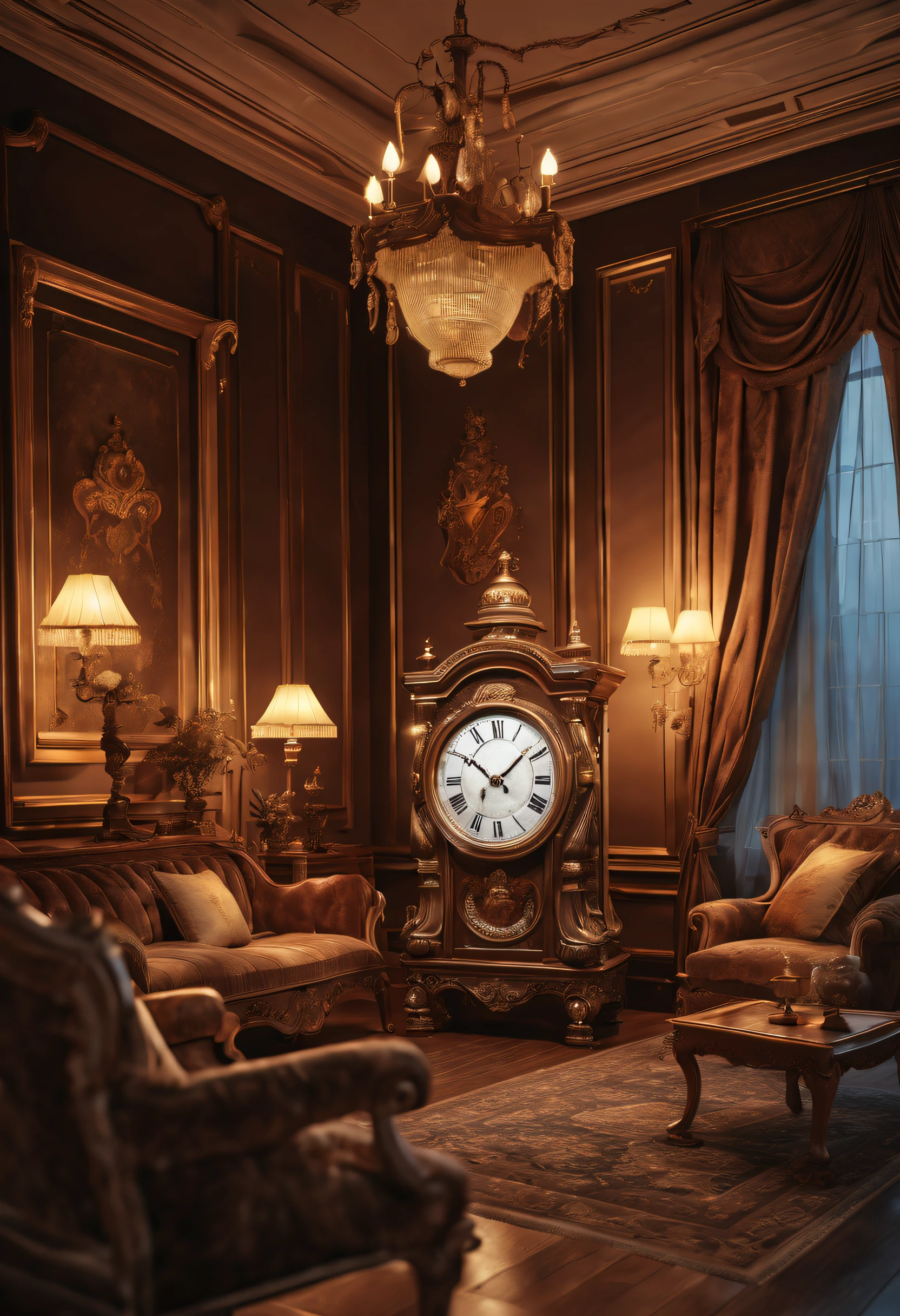 (a beautiful Victorian living room),(antique clock),(exquisite metal carvings,glimmering in the soft candlelight),(elegant and warm atmosphere),(classical furniture and textiles),(the sound of rain outside, blending with the ticking of the clock),(the passage of time interwoven with the serene night),(best quality, 4k, highres:1.2),(ultra-detailed),(realistic:1.37),(portrait),(warm color tones),(soft, ambient lighting)