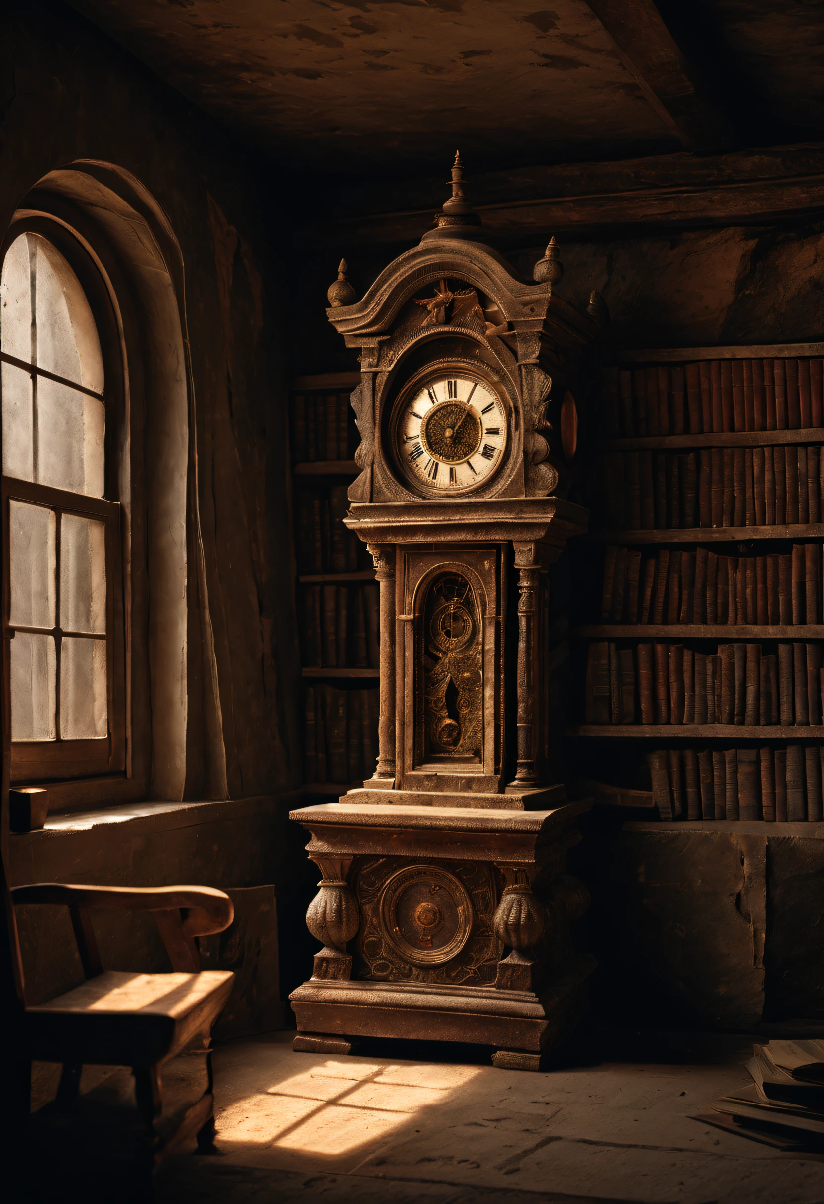 In a dimly lit secret chamber, an ancient clock sits silently on a stone pedestal, adorned with intricate symbols on its dial. The faint candlelight casts a soft glow on the clock face, accentuating the delicate texture and shadows of its body, as if whispering the secrets of time. The chamber is filled with ancient books and worn-out furniture, creating a mysterious and heavy atmosphere. The ticking of the clock resonates throughout the darkness, as if confiding a hidden secret unknown to the world. (best quality, 4k, highres, masterpiece:1.2), ultra-detailed, realistic:1.37, HDR, studio lighting, extreme detail description, professional, vivid colors, bokeh, dark and gloomy ambiance, antique timepiece, intricate engravings, obscure symbols, delicate textures, faint candlelight, dusty atmosphere, ancient books, worn-out furniture, cryptic secrets.