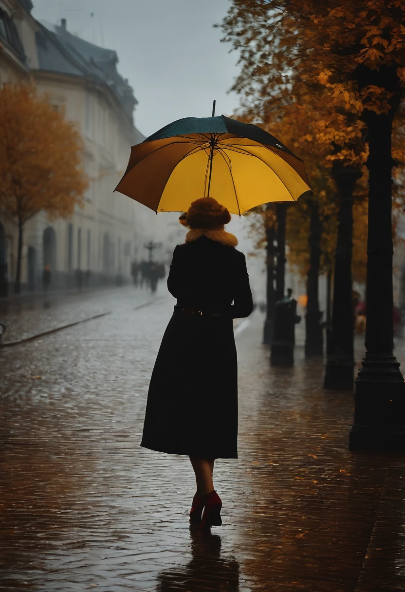 Frau im engen Kleid mit Regenschirm iin der Hand, in einer nebligen Stadt, colorful autumn leaves on the street, ein Bild von Kuno Veeber, Gewinner des Pixabay-Wettbewerbs, Konzeptkunst, Im Regen stehen, mysterious woman, pretty girl, das im Regen steht, Einzelperson mit Regenschirm, frau ((silhouette)), ((neblig)) und regnerisch, weibliches Bild im Schatten, in einer regnerischen Umgebung, Regenwetter, Rainy roads in the background , ((Nebel mit Lichtschein)) ((Ansicht von hinten)), Licht von vorn