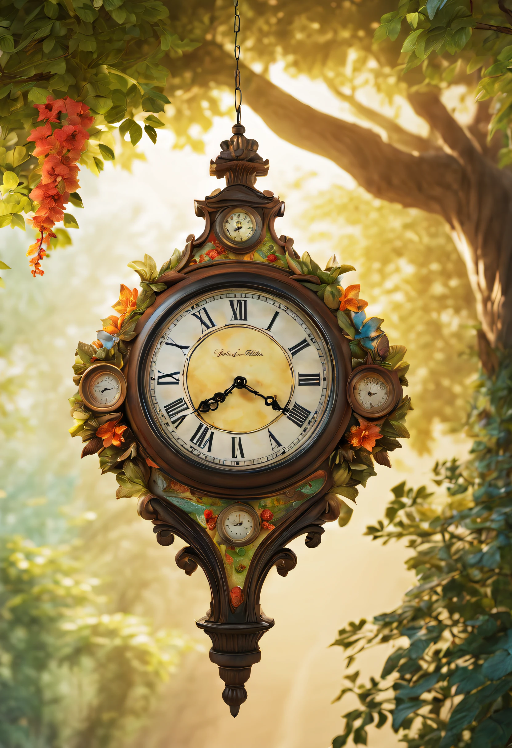 In a tranquil garden, a exquisite garden clock hangs high on a tree branch. The clock is adorned with intricate patterns and colorful stained glass. The sunlight filters through the leaves, casting dappled shadows on the clock. The garden is filled with an array of flowers and plants, creating a vibrant atmosphere. As a gentle breeze rustles through, the scent of flowers fills the air, blending with the play of light and shadow from the clock. Together, they form an extraordinary and enchanting scene, as if leading to a mystical gateway through time.

(best quality, 4k, 8k, highres, masterpiece:1.2), ultra-detailed, (realistic, photorealistic, photo-realistic:1.37), HDR, UHD, studio lighting, ultra-fine painting, sharp focus, physically-based rendering, extreme detail description, professional, vivid colors, bokeh, portraits, landscape, concept art