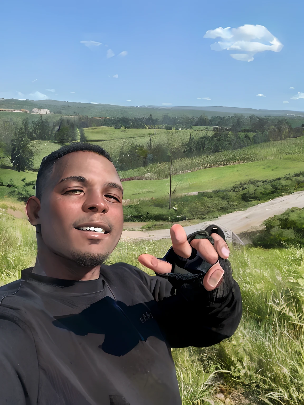 There's a man who's holding a cell phone in his face, em frente a um fundo de floresta, Forrest em segundo plano, Forrest em segundo plano, Alma piedosa, in africa, trees in the background, in front of an amazing forest, Rosas Zulu, Jorge Pemba, Colinas ao fundo, holding an avocado in his hand, Belas vistas