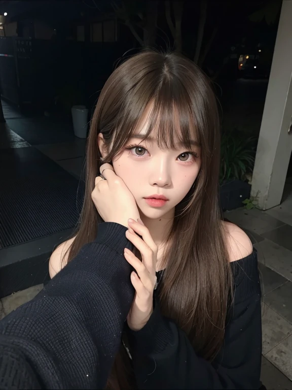 there is a woman with long hair posing for a picture, Fotografia selfie 8k, Ulzzang, cabelo arrumado com franja, Lalisa Manobal, com franja, young adorable korean face, menina coreana, franja marrom, menina bonito-fino-cara, com uma franja marrom, Lalisa Manoban do Blackpink, wan adorable korean face