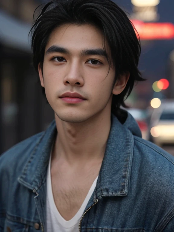 Best quality, masterpiece, ultra high res, (photorealistic:1.5), raw photo, in the dark, deep shadow, low key, cold light, man face, 1 man, 1man, man, Jaws firm, no mustache and beard, thin eyebrows, thin lips, Eye shape like a snake's eye, realistic, Male shoulders, Muscular, mullet hairstyle, broad shoulders, black hair, tan skin, angry face, cool face, bad boy vibe, wearing hoodie jeans jacket, carrying a black, smirk face, masculine, look cool, cool face, mainly face, half body portrait, Night city background, sharp eye, tan skin, Look like a Filipino boy, brown eye, looks 19 years old, 19 years old, real, Handsome.