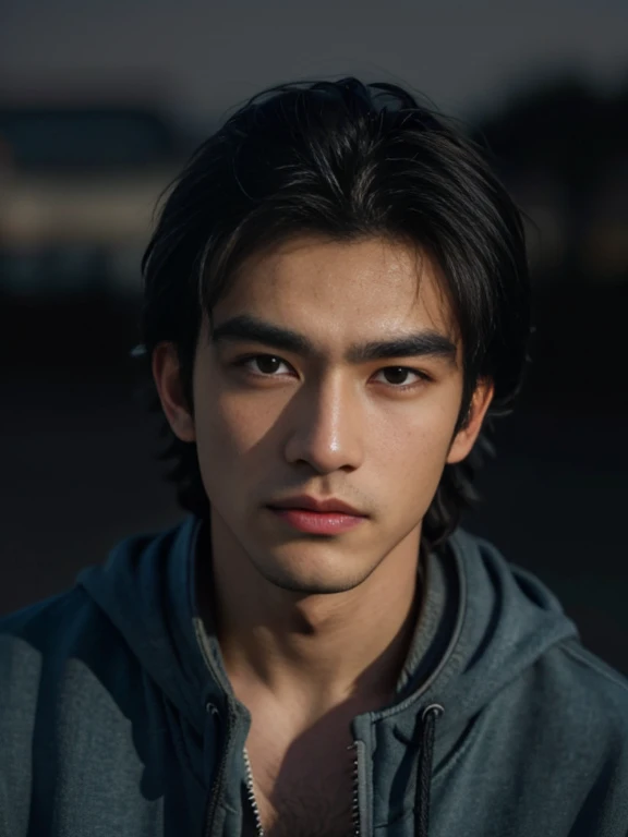 Best quality, masterpiece, ultra high res, (photorealistic:1.5), raw photo, in the dark, deep shadow, low key, cold light, man face, 1 man, 1man, man, Jaws firm, no mustache and beard, thin eyebrows, thin lips, Eye shape like a snake's eye, realistic, Male shoulders, Muscular, mullet hairstyle, broad shoulders, black hair, tan skin, angry face, cool face, bad boy vibe, wearing  hoodie jeans jacket, carrying a black, smirk face, masculine, look cool, cool face, mainly face, half body portrait, Night city background, sharp eye, tan skin, Look like a Filipino boy, brown eye, looks 19 years old, 19 years old, real, Handsome.