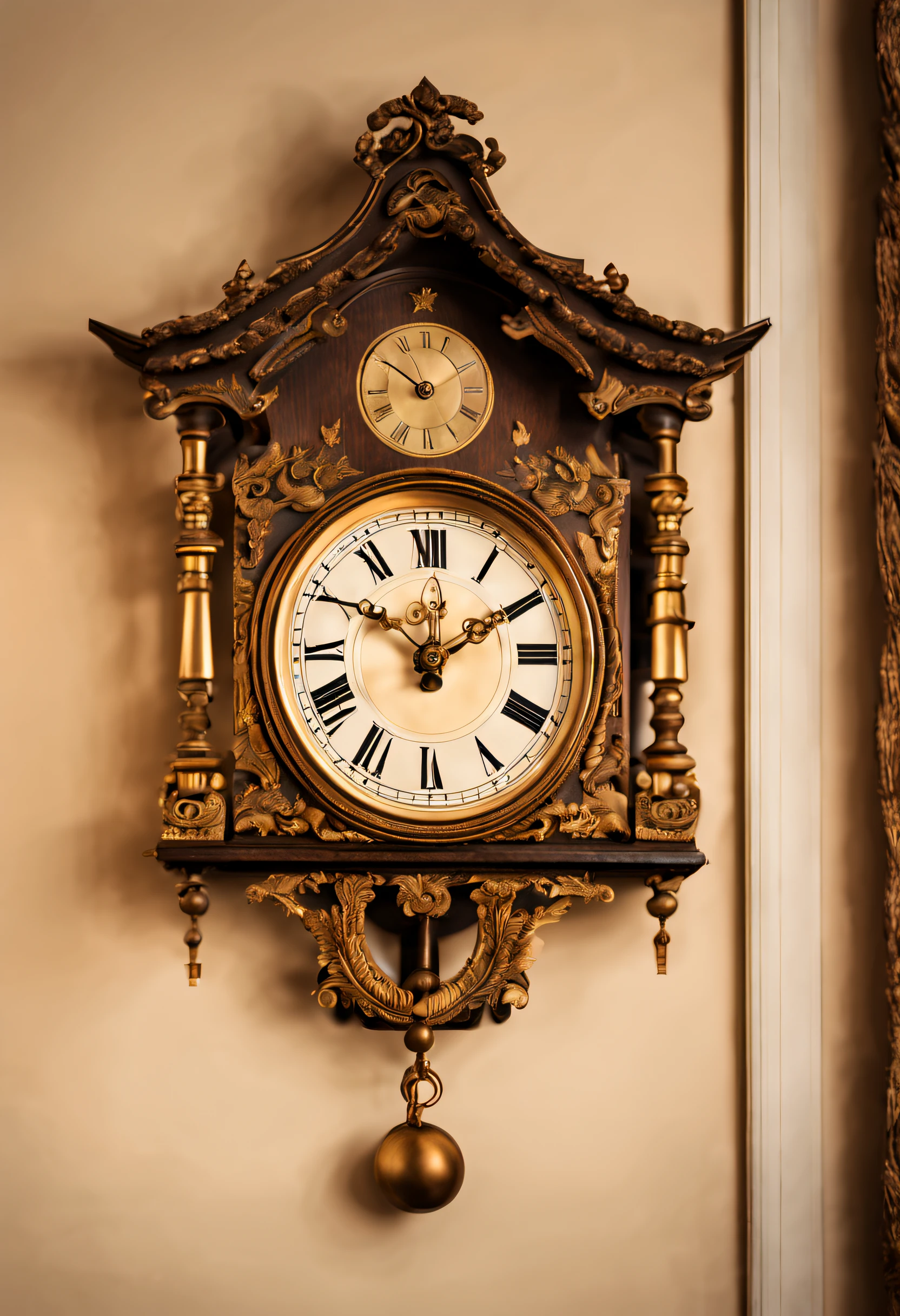 A mechanical clock,pendulum swinging,showing the correct time,in a vintage style,antique design,with brass gears and intricate mechanisms,engraved details,elaborate decoration,dusty,aged surface,shining bronze,hanging on a wooden wall,roman numerals carved with precision,large size,exquisite craftsmanship,ornate metal hands,accurate ticking sound,elegant pendulum swinging back and forth,old-fashioned charm,classic timepiece,captivating and nostalgic,soft golden light illuminating,creating a warm atmosphere,casting subtle shadows,mystical ambience.