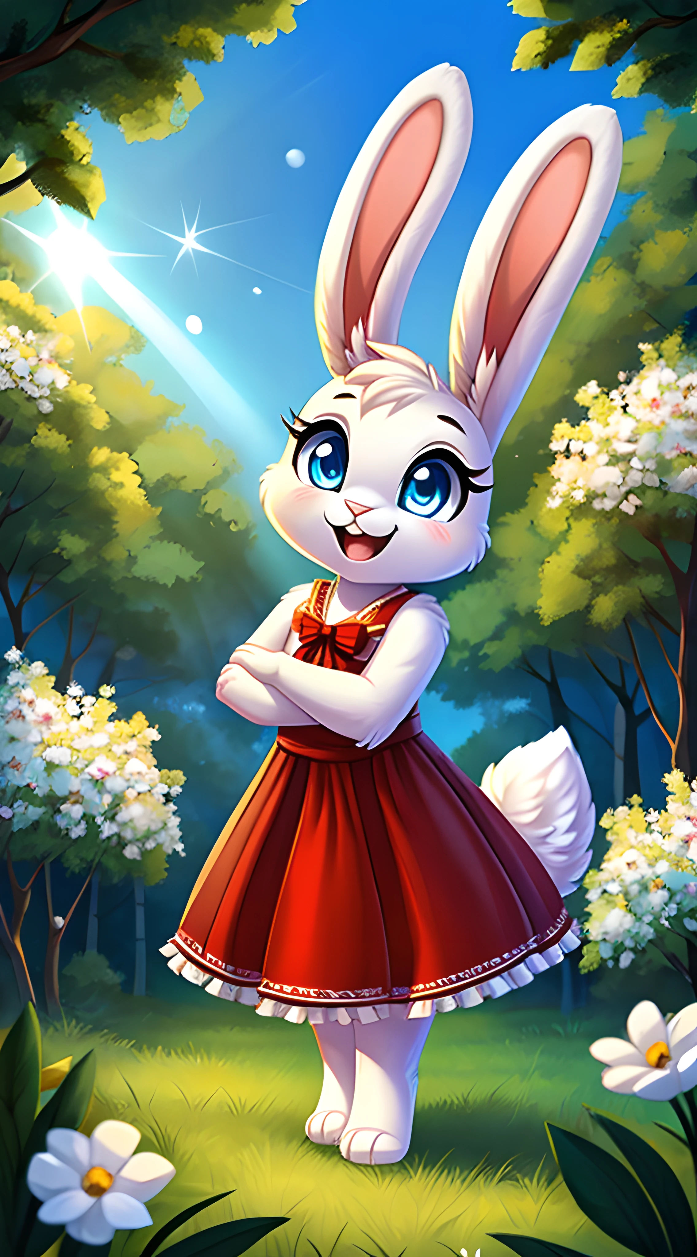 zoomed out image, fantasy style art, cute, adorable, short character, small, tiny little fluffy female white bunny with blue eyes, 4 ears, 2 extra ears, big floppy ears, long ears, ears perked up, raised ears, long eyelashes, poofy rabbit tail, wearing a red frilly ribbon dress, smiling, standing in a forest, big expressive smile, open mouth, wide eyes, excited eyes, excited face, stunning visuals, sunlight coming through the trees, white flowers scattered in the bushes, digital illustration