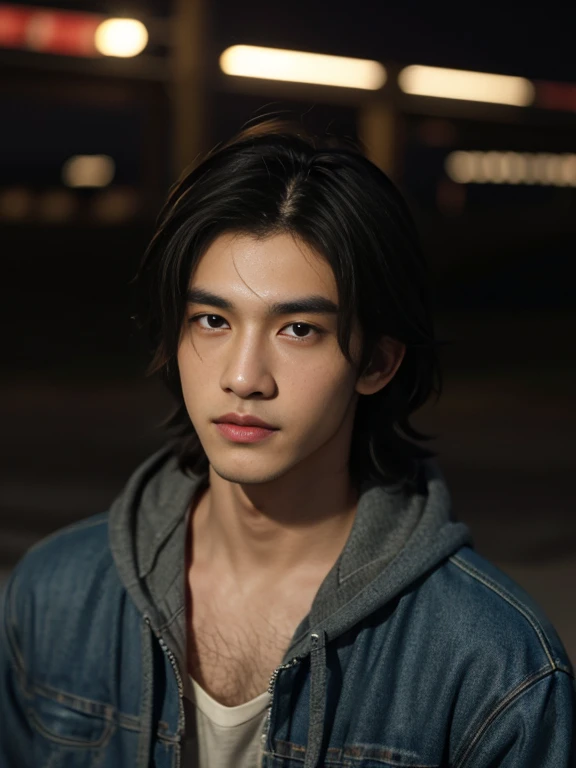 Best quality, masterpiece, ultra high res, (photorealistic:1.5), raw photo, in the dark, deep shadow, low key, cold light, man face, 1 man, 1man, man, Jaws firm, no mustache and beard, thin eyebrows, thin lips, Eye shape like a snake's eye, realistic, Male shoulders, Muscular, mullet hairstyle, broad shoulders, black hair, tan skin, angry face, cool face, bad boy vibe, wearing hoodie jeans jacket, carrying a black, smirk face, masculine, look cool, cool face, mainly face, half body portrait, Night city background, sharp eye, tan skin, Look like a Filipino boy, brown eye, looks 19 years old, 19 years old, real, Handsome.