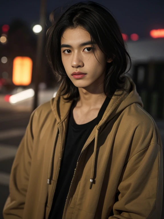 Best quality, masterpiece, ultra high res, (photorealistic:1.5), raw photo, in the dark, deep shadow, low key, cold light, man face, 1 man, 1man, man, Jaws firm, no mustache and beard, thin eyebrows, thin lips, Eye shape like a snake's eye, realistic, Male shoulders, Muscular, mullet hairstyle, broad shoulders, black hair, tan skin, angry face, cool face, bad boy vibe, wearing  hoodie jeans jacket, carrying a black, smirk face, masculine, look cool, cool face, mainly face, half body portrait, Night city background, sharp eye, tan skin, Look like a Filipino boy, brown eye, looks 19 years old, 19 years old, real, Handsome.