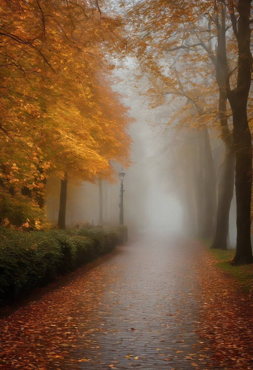 in einer nebligen Stadt, colorful autumn leaves on the street, ein Bild von Kuno Veeber, Gewinner des Pixabay-Wettbewerbs, Konzeptkunst, Im Regen , ((neblig)) und regnerisch, Bild mit Schatten, in einer regnerischen Umgebung, Regenwetter, Rainy roads in the background , ((Nebel mit Lichtschein)) ((Ansicht von hinten)), Licht von vorn