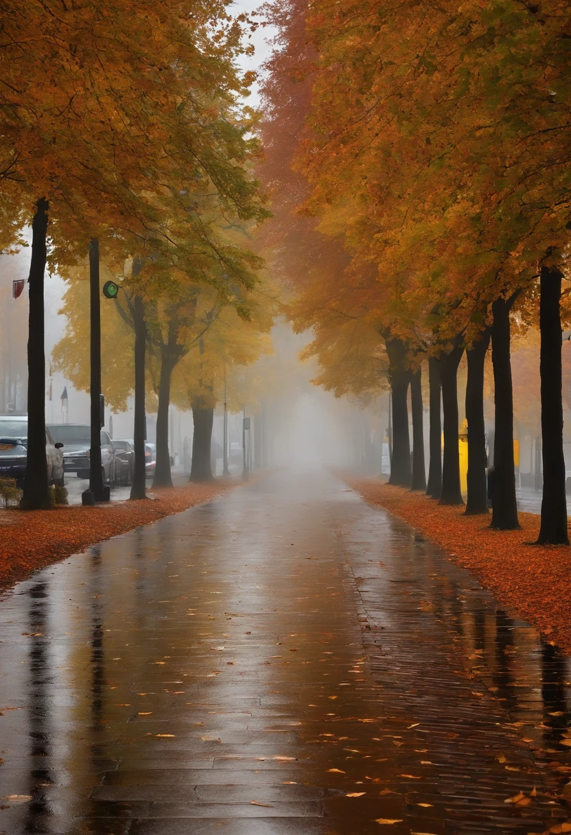 in einer nebligen Stadt, colorful autumn leaves on the street, ein Bild von Kuno Veeber, Gewinner des Pixabay-Wettbewerbs, Konzeptkunst, Im Regen , ((neblig)) und regnerisch, Bild mit Schatten, in einer regnerischen Umgebung, Regenwetter, Rainy roads in the background , ((Nebel mit Lichtschein)) ((Ansicht von hinten)), Licht von vorn