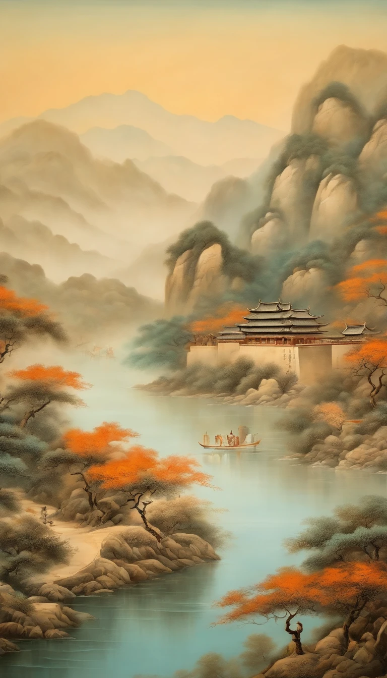 An idyllic Chinese mural, Light orange and light cyan style, Layered landscape, Art in the style of ancient Chinese ink painting, monumental murals, Ricoh FF-9D, Golden Age aesthetics, Exotic landscape