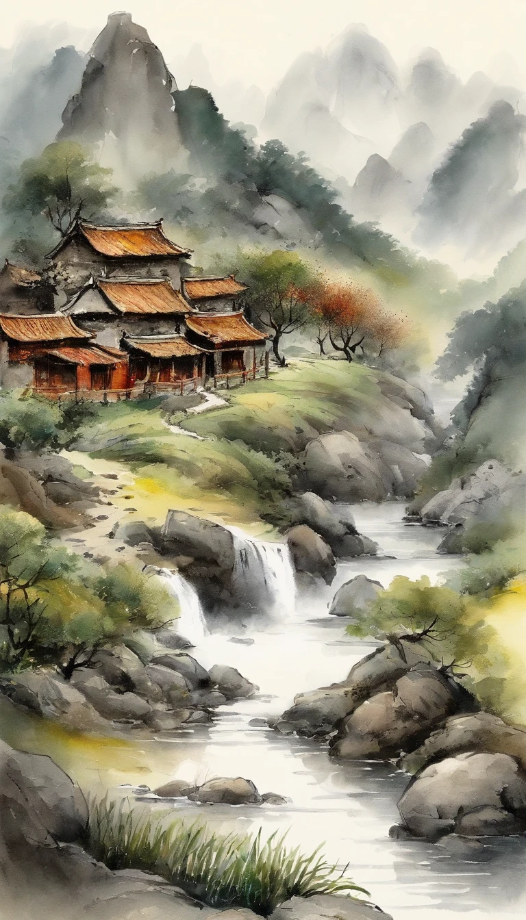 Chinese landscape painting,ink and watercolor painting,water ink,Inky,Smudge,Faraway view,Ultra-wide viewing angle,Meticulous,Schematic diagram of 5 cows,Five scalpers,River side,Small Stone Bridge,grassy fields,The tree,The view is the mountains,(8k wallpaper),(light and shadow effect),rendering by octane,White balance design,Highly detailed image depiction,wide angles,depth of fields,tmasterpiece,realisticlying,Beautifully depicted,A detailed,acurate,Works of masters,tmasterpiece