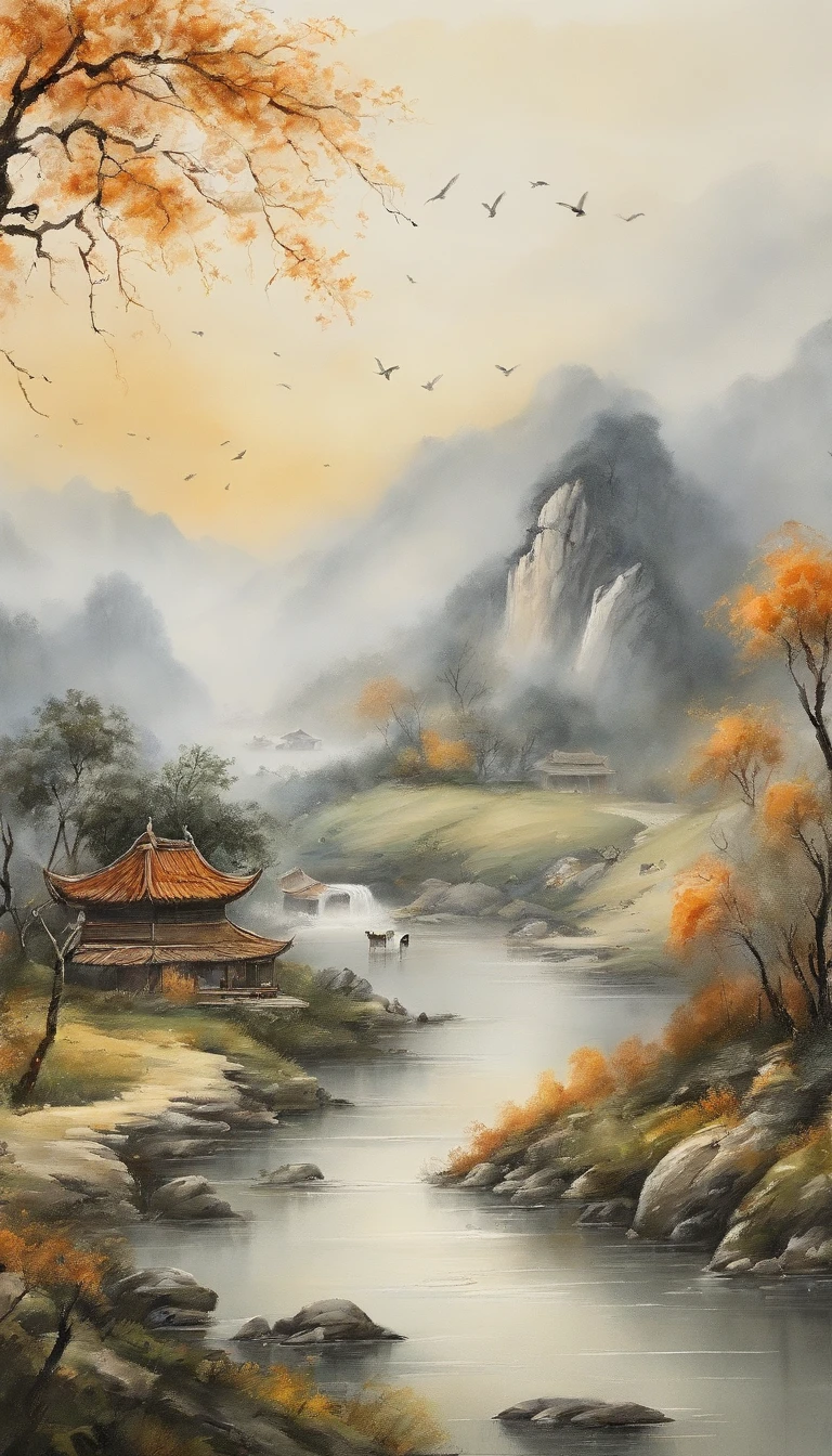 Chinese Landscape Painting，ink and watercolor painting，water ink，墨水，stain，Faraway view，Ultra-wide viewing angle，Meticulous，Diagram of five cows，Five scalpers，bank，Small Stone Bridge，grassy fields，a tree，Mountain view，（8k wall paper），（The effect of light and shadow），Octane rendering，White balance design，Extremely detailed picture of the painting，Wide angles，Depth of field，tmasterpiece，Realistic，Beautifully depicted，detailed，acurate，works of masters，tmasterpiece