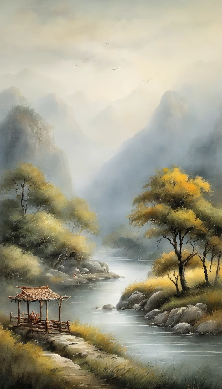 Chinese landscape painting,ink and watercolor painting,water ink,Inky,Smudge,Faraway view,Ultra-wide viewing angle,Meticulous,Schematic diagram of 5 cows,Five scalpers,River side,Small Stone Bridge,grassy fields,The tree,The view is the mountains,(8k wallpaper),(light and shadow effect),rendering by octane,White balance design,Highly detailed image depiction,wide angles,depth of fields,tmasterpiece,realisticlying,Beautifully depicted,A detailed,acurate,Works of masters,tmasterpiece