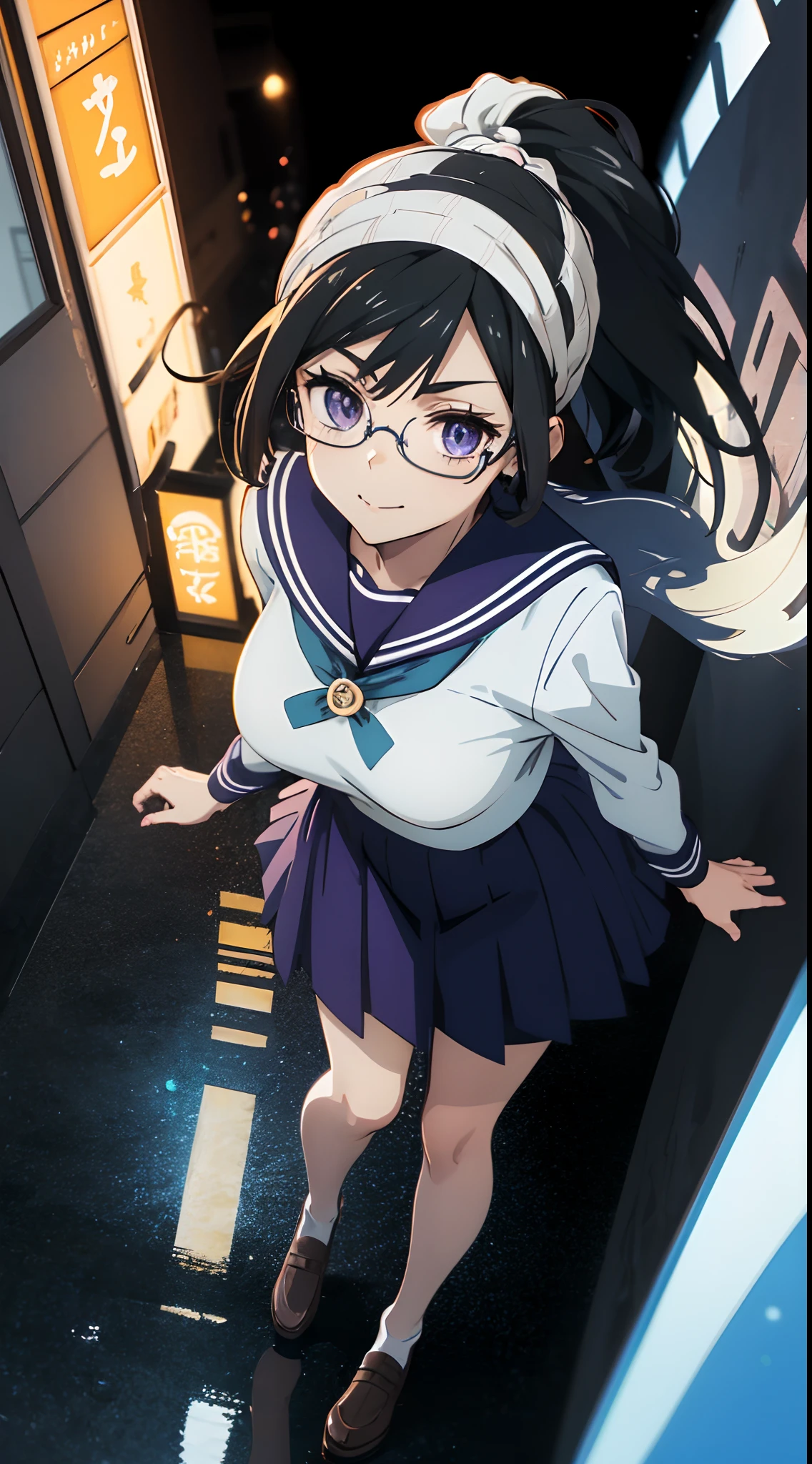 ((masutepiece)), ((Best Quality)), (Ultra-detailed), ((kawaii)), Cute, (lovely), ((Extremely detailed)), 4K, (8K), Best Quality, (Beautiful), Anime style, look down from above, full body focus, city, Shibuya-ku, Tokyo, Night, Starry sky, Cute little girl s, 1girl in, Solo, School uniform, Beautiful dark brown hair, Beautiful purple eyes, ((Beautiful eyes)), White-skinned, Ponytail, Transparent hair, translucent hair, large full breasts, horseshoe-shaped hairband, Glasses, lightsmile, Neon light, Wind-effect, reflection effect