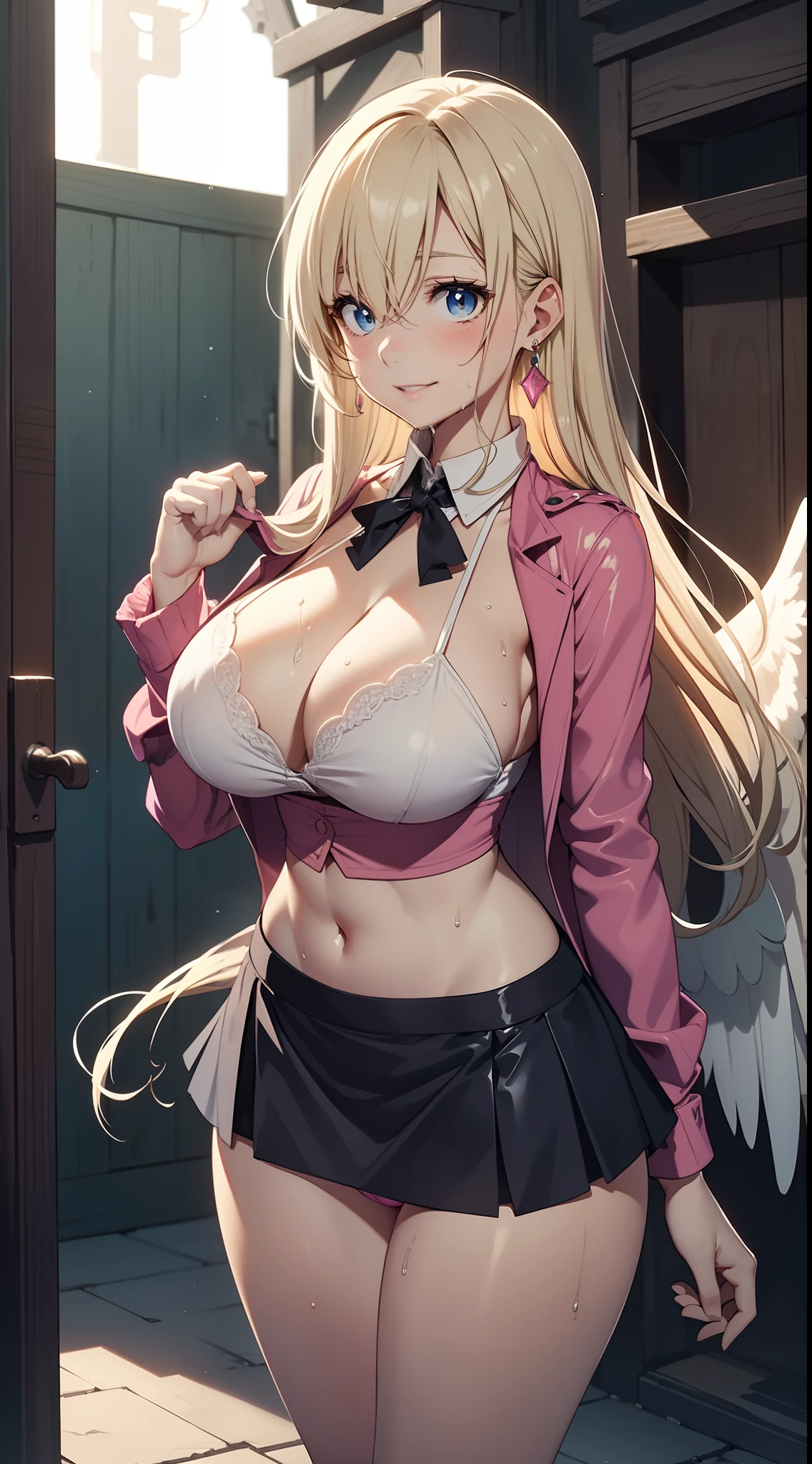Hyper detailed image, UHD, 16k, professional photo, (Realistic photo of Elizabeth 7ds), professional photo, ((Goddess of beauty girl, charming, various accessories, earrings, very straight blonde hair, a strand of hair between her eyes)) , bangs covering part of his left eye,
(Elizabeth Nanatsu no Taizai" The Seven Deadly Sins), naive, kind, excited expression,
Appearance: Elizabeth is a tall, slender young woman with blonde hair that is usually tied in a high bun, although she occasionally leaves it loose. Her eyes are blue, and she possesses an aura of serene beauty and purity that makes her remarkable. She is often seen wearing the Royal Handmaids' uniform, which consists of a pink and white dress with an apron. she wears a very short skirt showing transparent pink panties,
Elizabeth is an archangel, she has special abilities related to healing and divine power. She can use healing magic and is able to summon wings of a goddess, increasing her speed and flying capabilities. open and erotic outfit showing her impressive, beautiful and perfect big breasts, ((natural long sagging breasts, natural perfect breasts, ultra-giant pointed long breasts sticking out of the jacket)) full breasts, big body, tall, thin visible abs, curved body, curvaceous , pert ass, she wears a belt and a (((very loose skirt raised she doesn't wear panties, perfect pussy on display, pubic hair on display, lifting the skirt with her hand))), thick legs open, smiling showing a thong tied to wet pussy, flexible body, brown boots, perfect hands and fingers, environment: dark, moonlit night, sexy protagonist Elizabeth, curved, slim and toned body, legs open, exposed, micro thong stuffed in her pussy, stuck in her big pert ass , 16k ultra realistic photo, photo taken from above showing her cleavage, huge strip, (great lighting) (pussy, pornography, pubic hair), ((wet pink transparent panties, pubic hair))