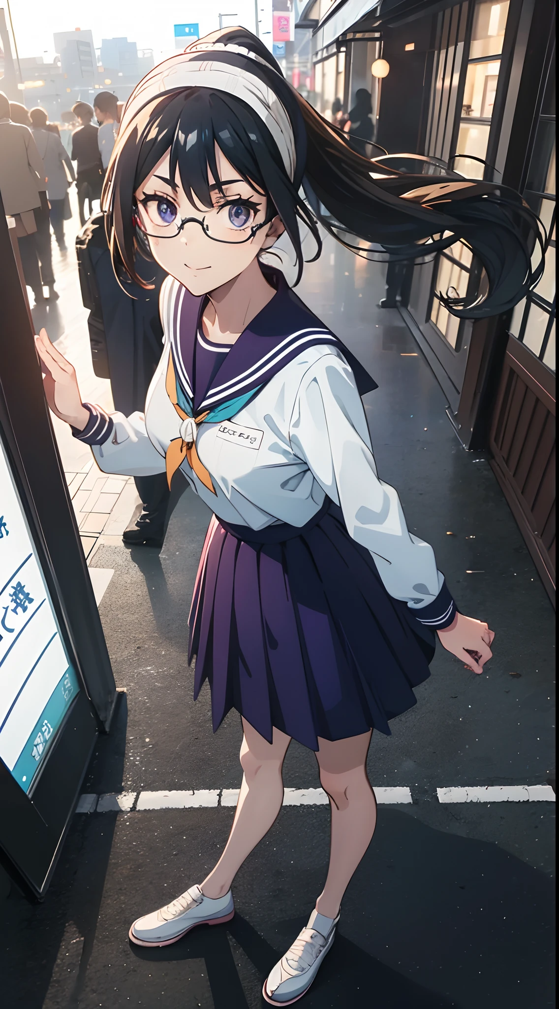 ((masutepiece)), ((Best Quality)), (Ultra-detailed), ((kawaii)), Cute, (lovely), ((Extremely detailed)), 4K, (8K), Best Quality, (Beautiful), Anime style, look down from above, full body focus, city, Shibuya-ku, Tokyo, Night, Starry sky, Cute little girl s, 1girl in, Solo, School uniform, Beautiful dark brown hair, Beautiful purple eyes, ((Beautiful eyes)), White-skinned, Ponytail, Transparent hair, translucent hair, large full breasts, horseshoe-shaped hairband, Glasses, lightsmile, Neon light, Wind-effect, reflection effect