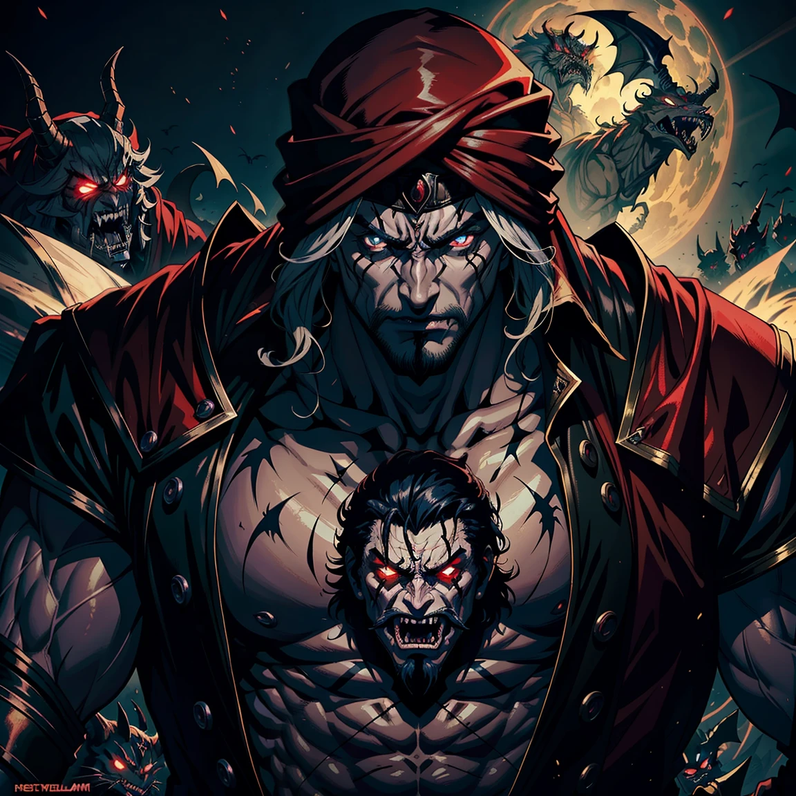 Castlevania, Hyper Realistic Shadow Lord Super Detailed Dynamic Shooter Dracula's Master Medieval Arab Warrior with a Red Turban Scary Face Hokuto No Ken's Structure Kenshiro's Muscular Legendary Face Surrounded by Demons and Talking Demons Battlefield Cutscenes Epic Movie Hyper Realistic Movie Legendary Movie Epic Movie Epic Movie Epic Movie Epic Movie Beautiful Epic Movie, high detail face