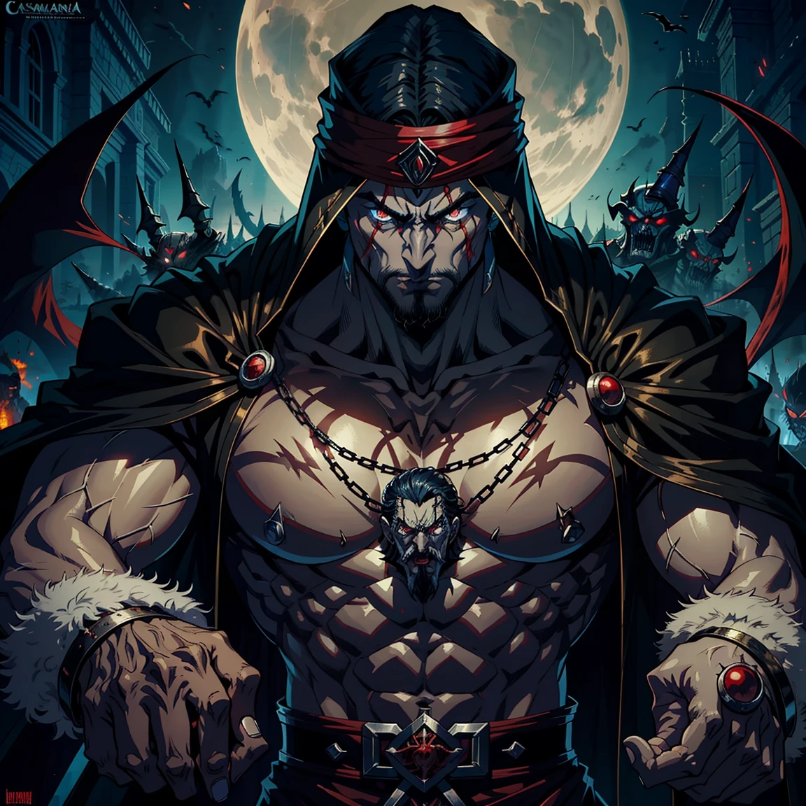 Castlevania, Hyper Realistic Shadow Lord Super Detailed Dynamic Shooter Dracula's Master Medieval Arab Warrior with a Red Turban Scary Face Hokuto No Ken's Structure Kenshiro's Muscular Legendary Face Surrounded by Demons and Talking Demons Battlefield Cutscenes Epic Movie Hyper Realistic Movie Legendary Movie Epic Movie Epic Movie Epic Movie Epic Movie Beautiful Epic Movie, high detail face