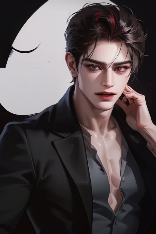 photography of a sexy man, a solo man, (((man))), ((masculine face)), 30 years old, vampire, bad boy, handsome, realistic, (red eyes), expressive look, black hair, long bangs, rose pale lips, (((dark background))), (((city backgtound))), shine hair, angular jaw, square face,broad shoulders, tall, muscular, strong, shaven, super detailed face, perfect body, perfect shapes, realistic image, award winning photography, 8k, (((perfect shiny eyes))), in a city
