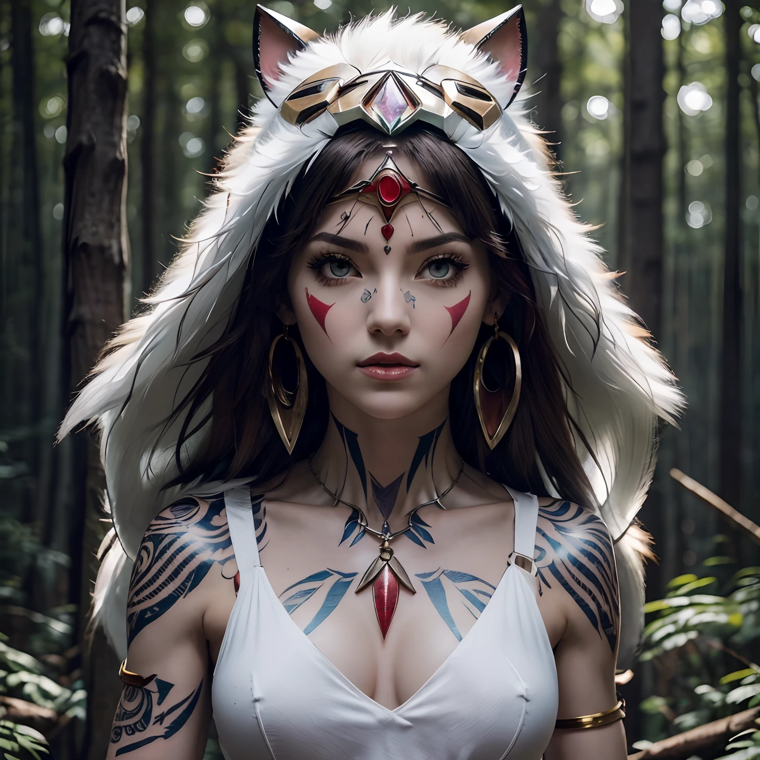 (Realistic, masterpiece, ethereal, cosmic, mirror colors background, vivid light pyramids, tree spirits falling in background, refracting light, surreal aesthetic, cinematic lighting), (1female, princess mononoke wearing red and gold mask on head, beautiful blue crystal necklace, beautiful eyes, perfect face, perfect nose, perfect eyes, gray xanthochromia eyes, white armor with halter top, intricate white plate armored, decorative sexy armor, huge breasts, large quadriceps, 6 pack abs, toned abs, muscular, skinny waist, shiny hair, shiny skin, confident stance, sexy pose, action pose, small tattoos, many tattoos, mid length bob cut) ears pierced many, sternum tattoo, tree spirit tattoos, heavy tattoo chest, heavy tattoo shoulder, heavy tattoo sternum