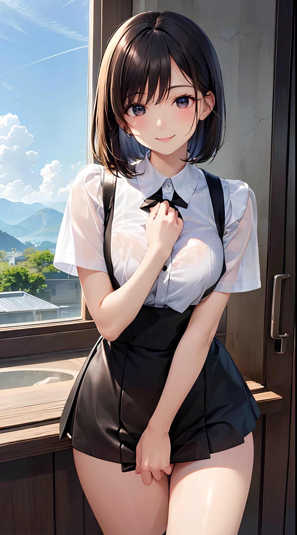 (perfect anatomy, anatomically correct, super detailed skin), 1 womanl, solo, japanese, 24 years old, 7 headed body, (detailed ultra-oily shiny skin:1.1), watching the view, (smile:1.5), wet,
beautiful hair, beautiful face, beautiful detailed eyes, (short hair:1.2, bob cut:1.2), black hair, (large breasts:0.8), (cute face), (Ideal ratio body proportions), emphasis on the buttocks,
beautiful clavicle, beautiful body, beautiful chest, beautiful thigh, beautiful legs, breast, barefoot, barearm, slender, small buttocks, skinny legs,
(waitresses uniform, see-through short sleeves white collared shirt, leather black micro mini skirt, short boots), seductive thighs,
(beautiful scenery), cafes, walking, put a café tray on the hand,
(8k, top-quality, masterpiece:1.2, extremely detailed), (photorealistic), beautiful art, visual art, depth of fields, cinematic lighting, surrealism, depth of fields,