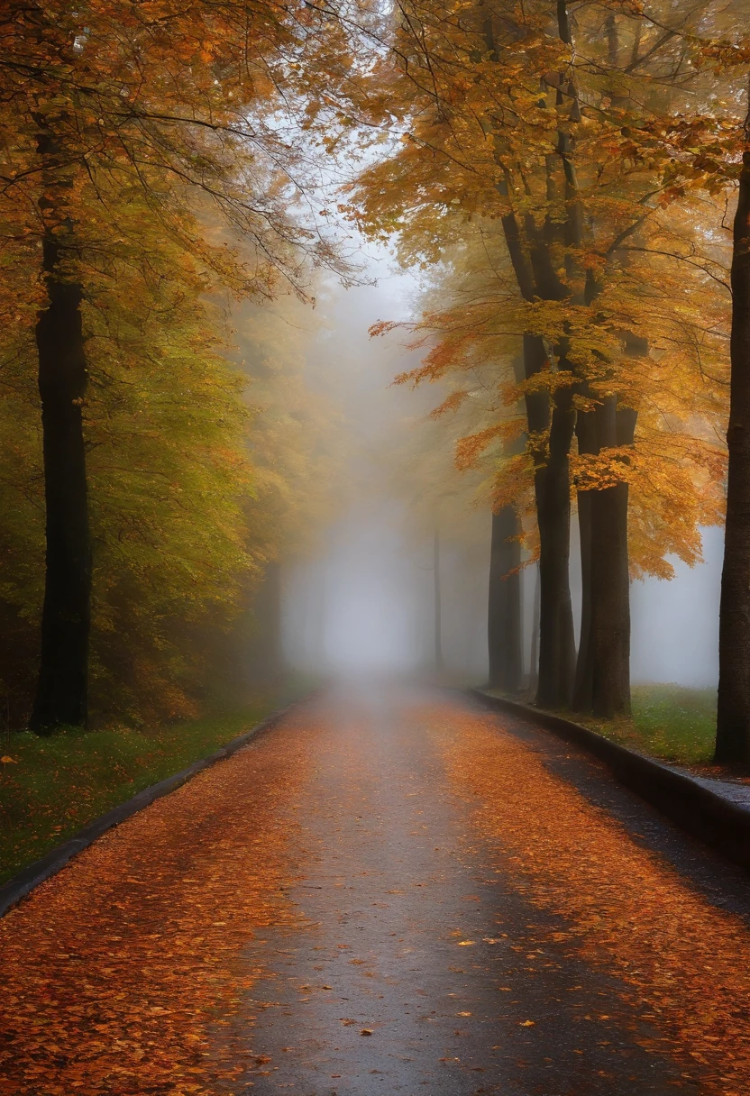 in einer nebligen Stadt, colorful autumn leaves on the street, ein Bild von Kuno Veeber, Gewinner des Pixabay-Wettbewerbs, Konzeptkunst, Im Regen , ((neblig)) und regnerisch, Bild mit Schatten, in einer regnerischen Umgebung, Regenwetter, Rainy roads in the background , ((Nebel mit Lichtschein)) ((Ansicht von hinten)), Licht von vorn, kekeine Autos, keine Menschen, ein Fuchs im Nebel