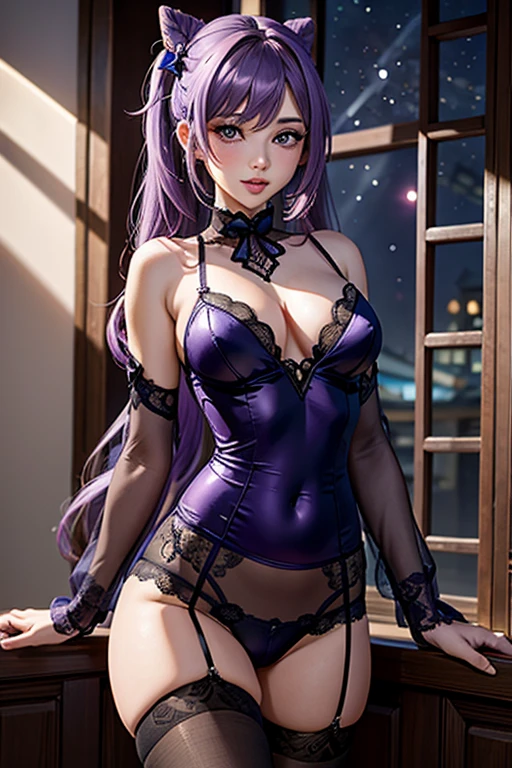 A girl, Keqing , Genshin Impact, blushing face , Purple lace bodysuit, Porte-jartelle violet, bas violet, purple lace stockings, Sexy Underwear, (Best quality:1.1), (Masterpiece:1.4), 1fille, (cheveux volumineux)+ , ((cheveux longs))++, cheveux longs , (Yeux violet) , (big lips)+, peau brillante, brillant, starry night,