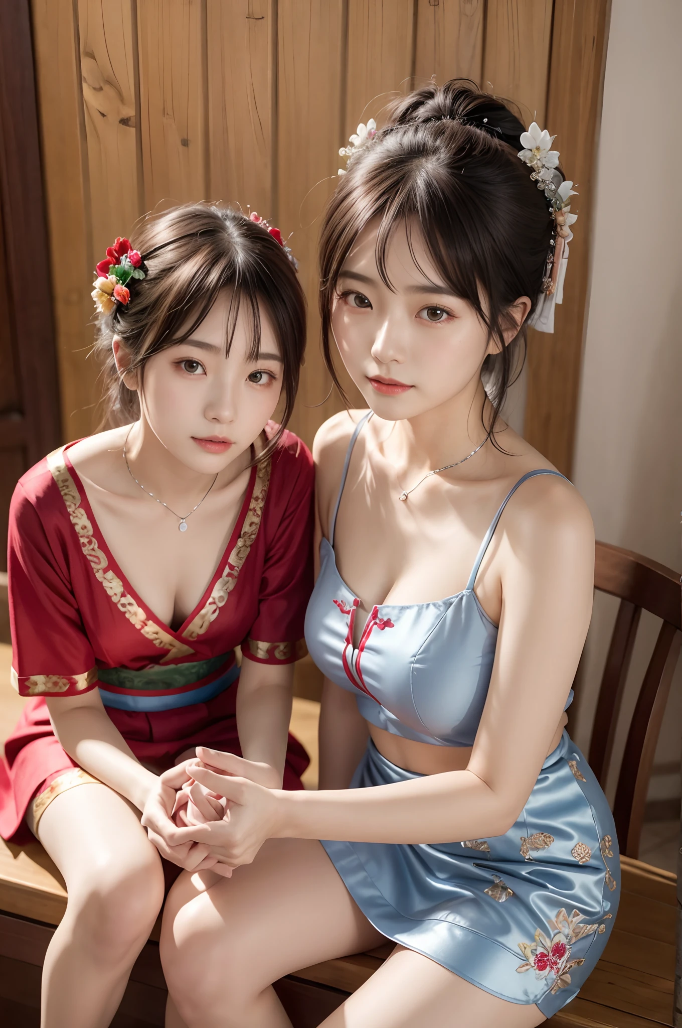 （8K分辨率，Vista half body photo），（closeup portrait of two women,sitting together,Detailed Face, front view, Look at the camera,duo,stroking,leering:1.4,20yr old,delicate face，详细的脸，Redlip，Fair smooth skin，（Classic Hmong costume：1.4，（Satin fabric with flowers，The cuffs are multi-colored horizontal strips，Cardigans，Short waist long version），Silver products，Silver necklace，silver hair clip，hair-bun），（pleatedskirt，（Hmong embroidery、batik）），耳Nipple Ring，bangle，Tall and tall，Posture of conversation，perfect hand，Ultra-fine clothing material），（Traditional Xijiang Miao village，Festive party night background in cottage，Exquisite environmental details），（exhilarated，confident smile，Rejoice），（profesional lighting，动态照明），（（The colors are more balanced，（black in color，blue colors，red colour））），（Golden section，Cinema lenses，Hasselblad photograp，tmasterpiece：1.3），（Miaozhai idol，Focus on the field，trendsetting，Folklore artist，Art platform）