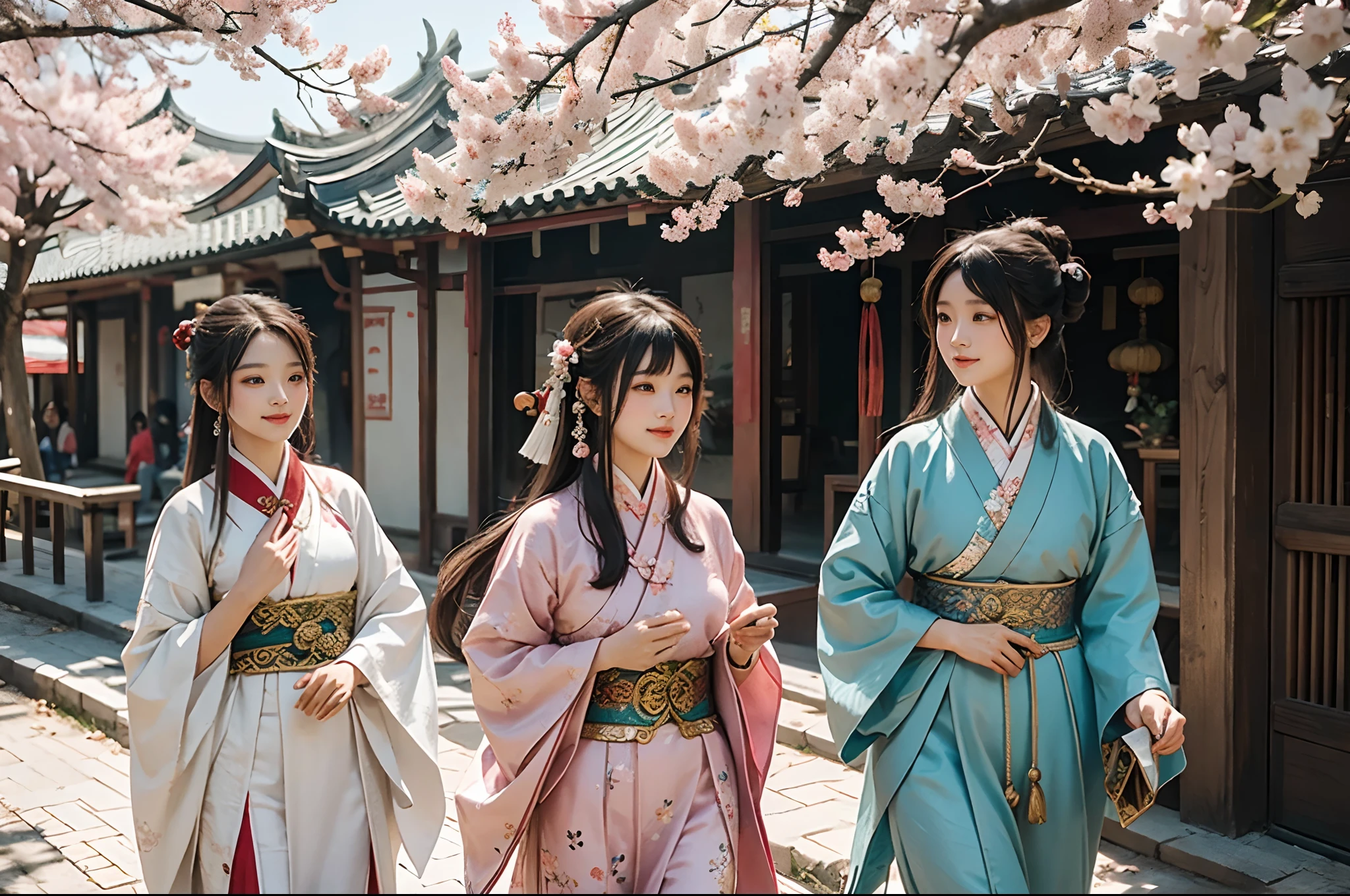 Ancient Chinese town, cherry blossom, people walking wearing Tang dynasty hanfu, natural illuminated by sunlight, bright Spring day, highly detailed.