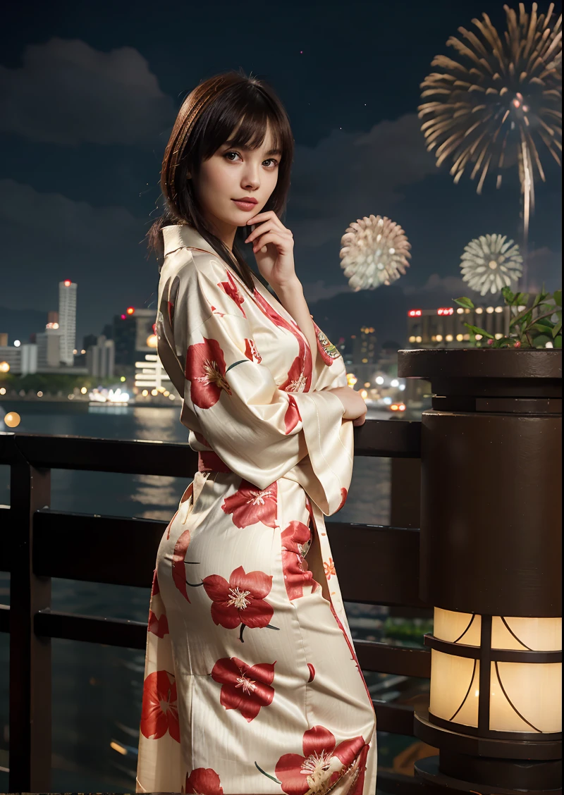a young woman, slim, smirk:0.4, hand on face, blunt bangs, wearing long Kimono with leaf petal as design, masterpiece, top quality, 3/4 frame, night city as background, bokeh , fireworks, night