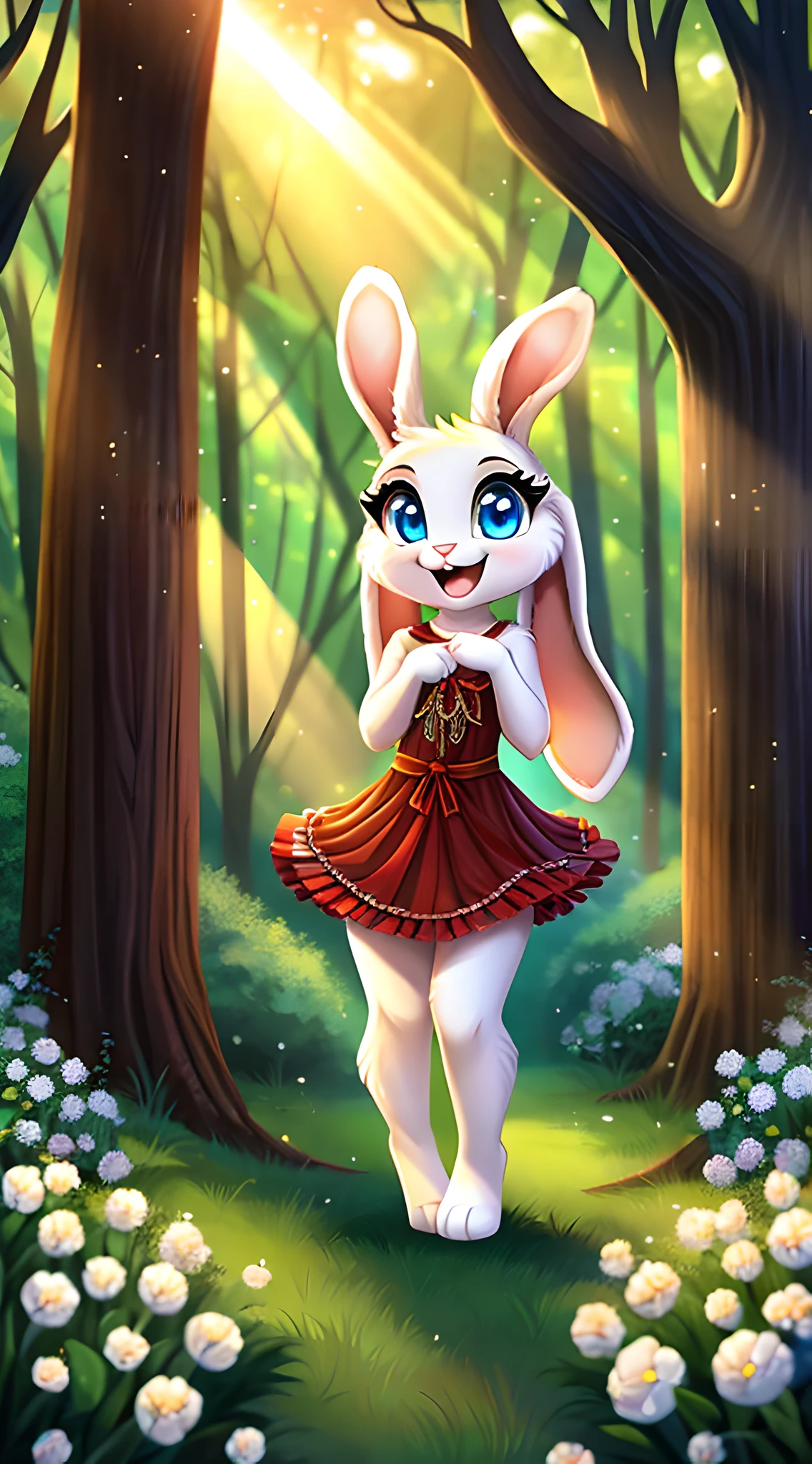 zoomed out image, fantasy style art, cute, adorable, short character, small, tiny little fluffy female white bunny with blue eyes, 4 ears, 2 extra ears, big floppy ears, long ears, ears perked up, raised ears, long eyelashes, poofy rabbit tail, wearing a red frilly ribbon dress, smiling, standing in a forest, big expressive smile, open mouth, wide eyes, excited eyes, excited face, stunning visuals, sunlight coming through the trees, white flowers scattered in the bushes, digital illustration