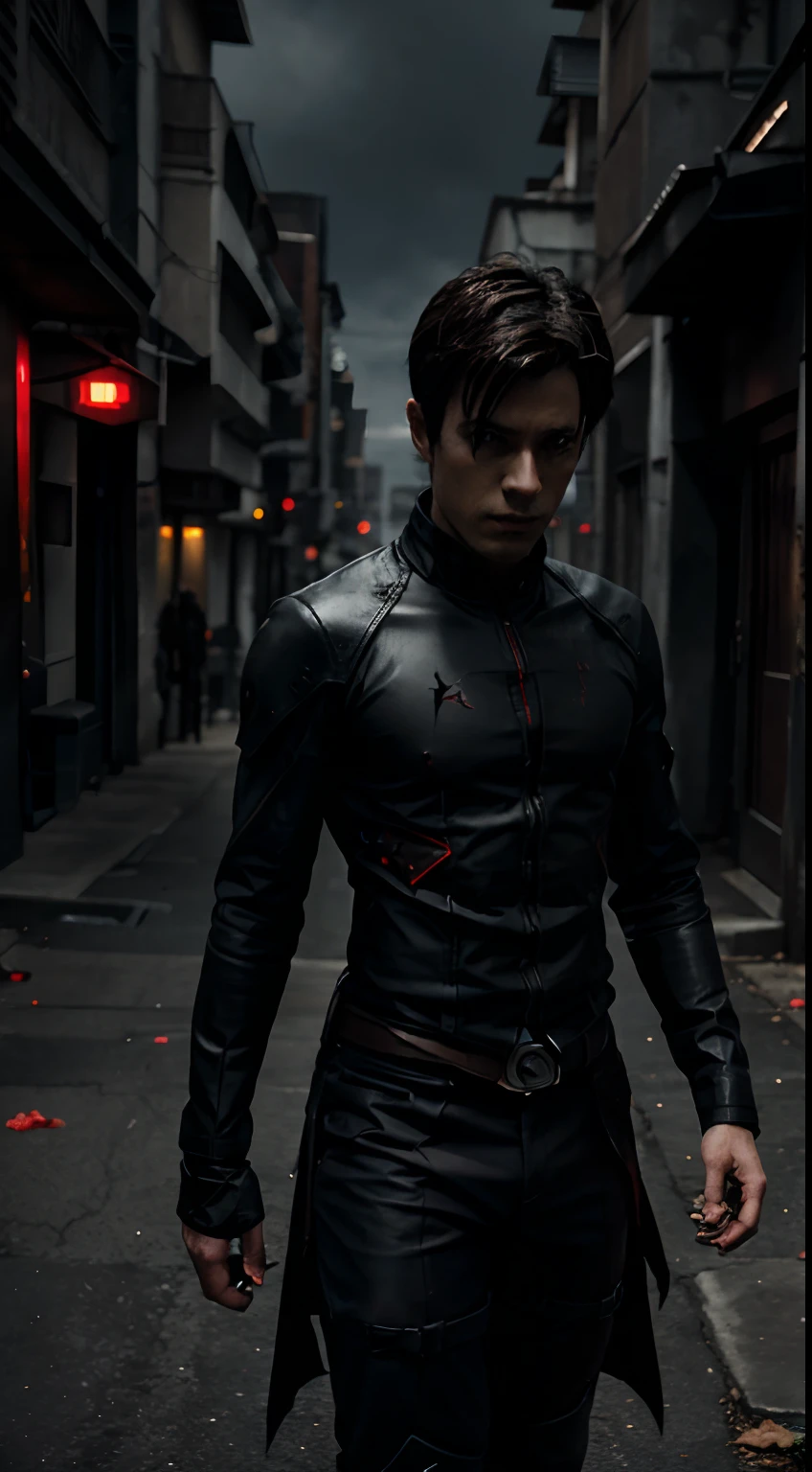motivation, dark,evil, scifi style, male,red, darker, dark background, evil character, manga style, fighting dark pit, dead monsters