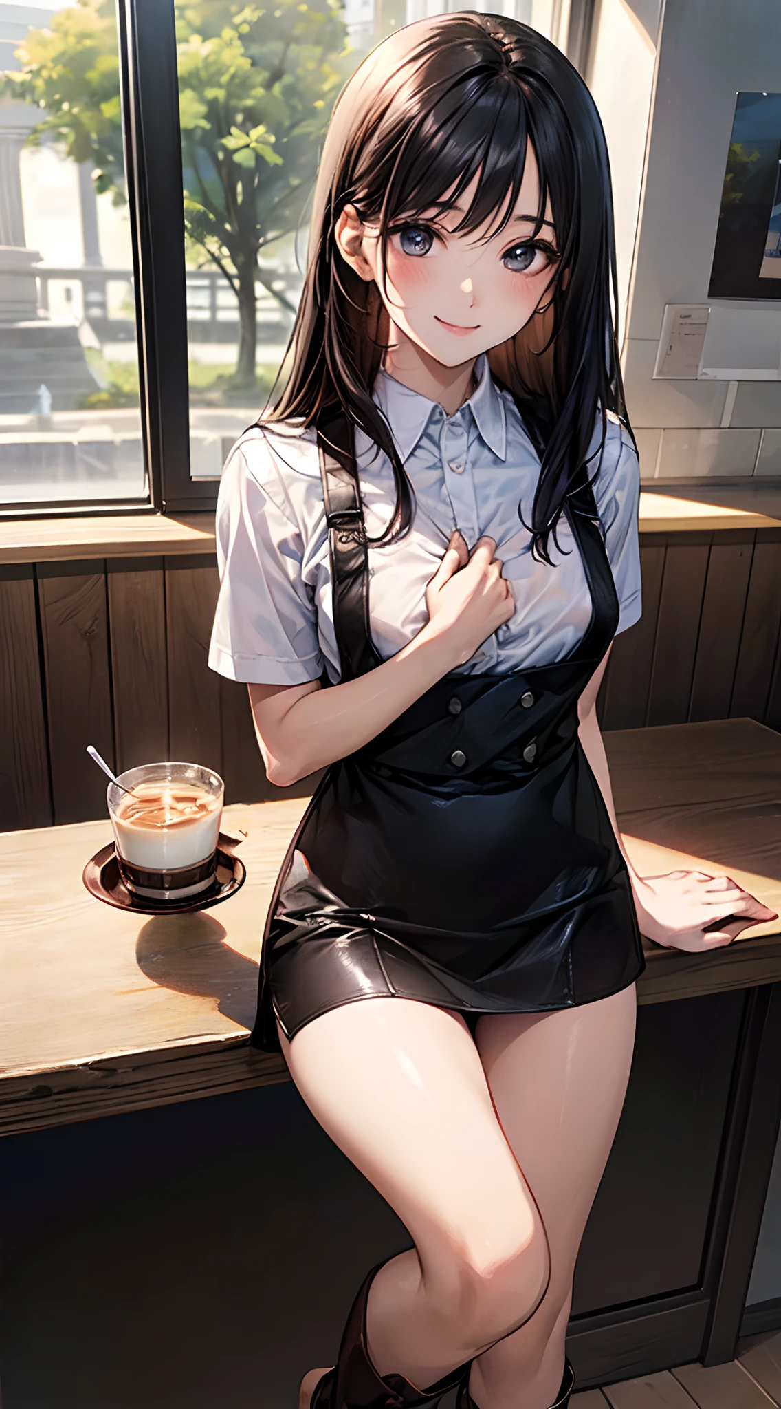 (perfect anatomy, anatomically correct, super detailed skin), 1 womanl, solo, japanese, 24 years old, 7 headed body, (detailed ultra-oily shiny skin:1.1), watching the view, (smile:1.5), wet,
beautiful hair, beautiful face, beautiful detailed eyes, (long hair:1.4, straight hair:1.5), black hair, (large breasts:0.8), (cute face), (Ideal ratio body proportions), emphasis on the buttocks,
beautiful clavicle, beautiful body, beautiful chest, beautiful thigh, beautiful legs, breast, barefoot, barearm, slender, small buttocks, skinny legs,
(waitresses uniform, see-through short sleeves white collared shirt, leather black micro mini skirt, short boots, mini apron), seductive thighs,
(beautiful scenery), cafes, walking, put a café tray on the hand,
(8k, top-quality, masterpiece:1.2, extremely detailed), (photorealistic), beautiful art, visual art, depth of fields, cinematic lighting, surrealism, depth of fields,