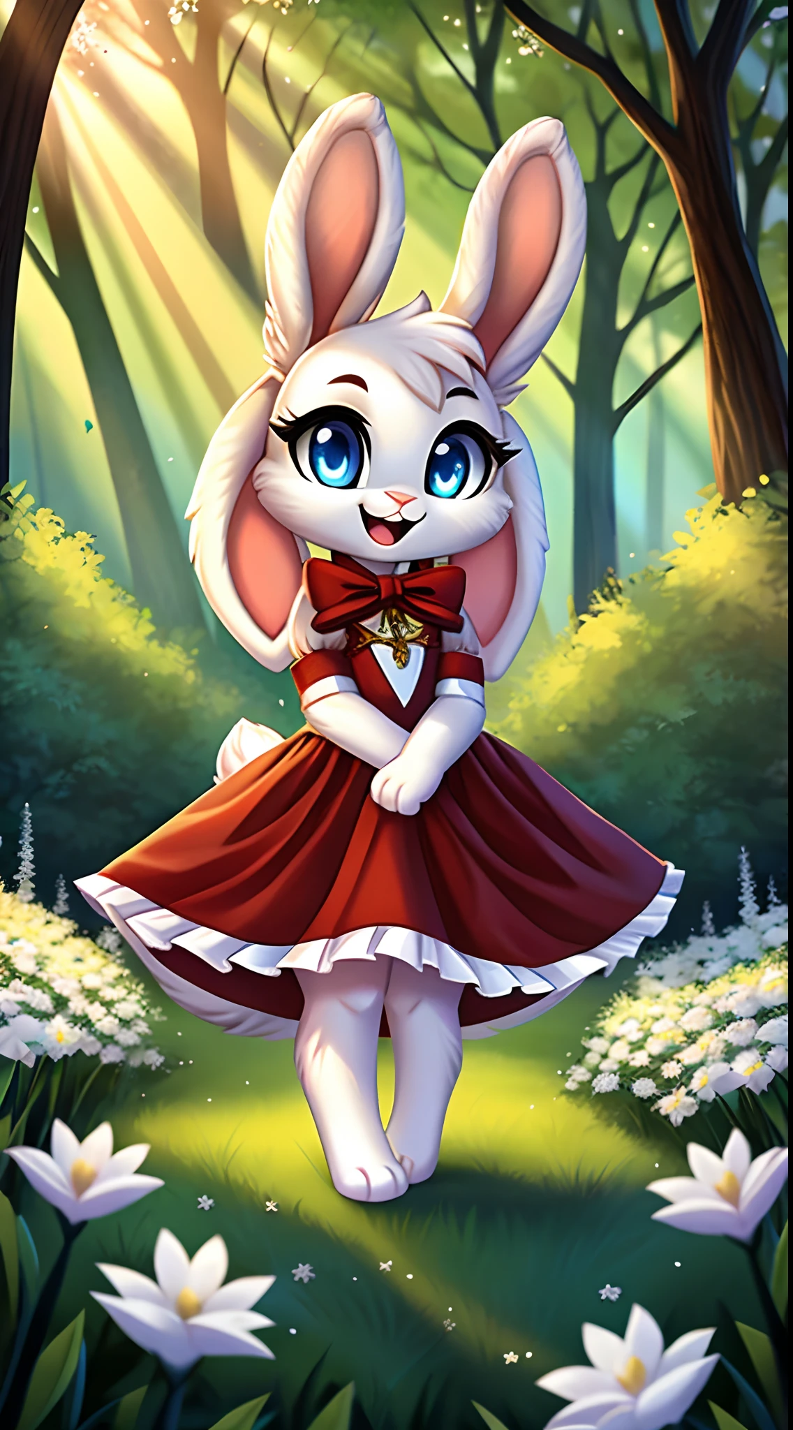 zoomed out image, fantasy style art, cute, adorable, short character, small, tiny little fluffy female white bunny with blue eyes, 4 ears, 2 extra ears, big floppy ears, long ears, ears perked up, raised ears, long eyelashes, poofy rabbit tail, wearing a red frilly ribbon dress, smiling, standing in a forest, big expressive smile, open mouth, wide eyes, excited eyes, excited face, stunning visuals, sunlight coming through the trees, white flowers scattered in the bushes, digital illustration