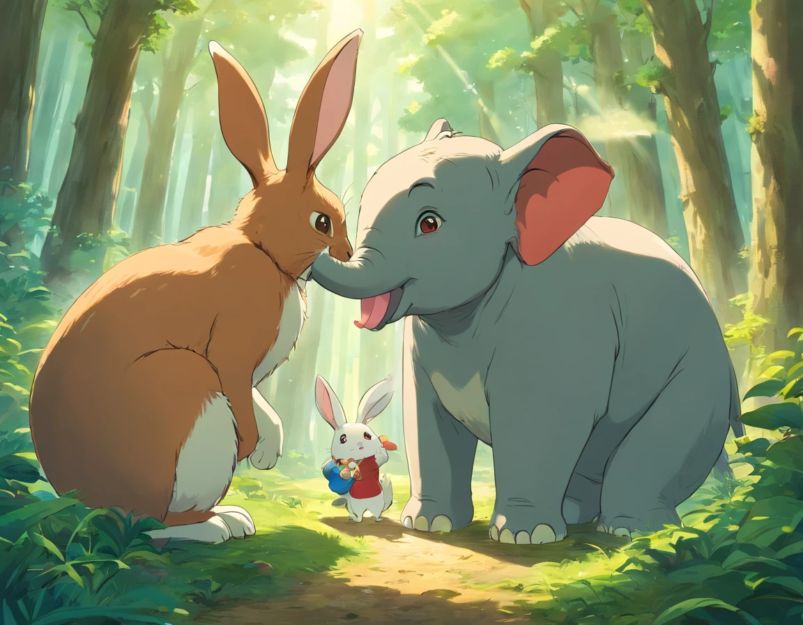 A rabbit,An elephant,Two squirrels,In the Kirin Forest,play
