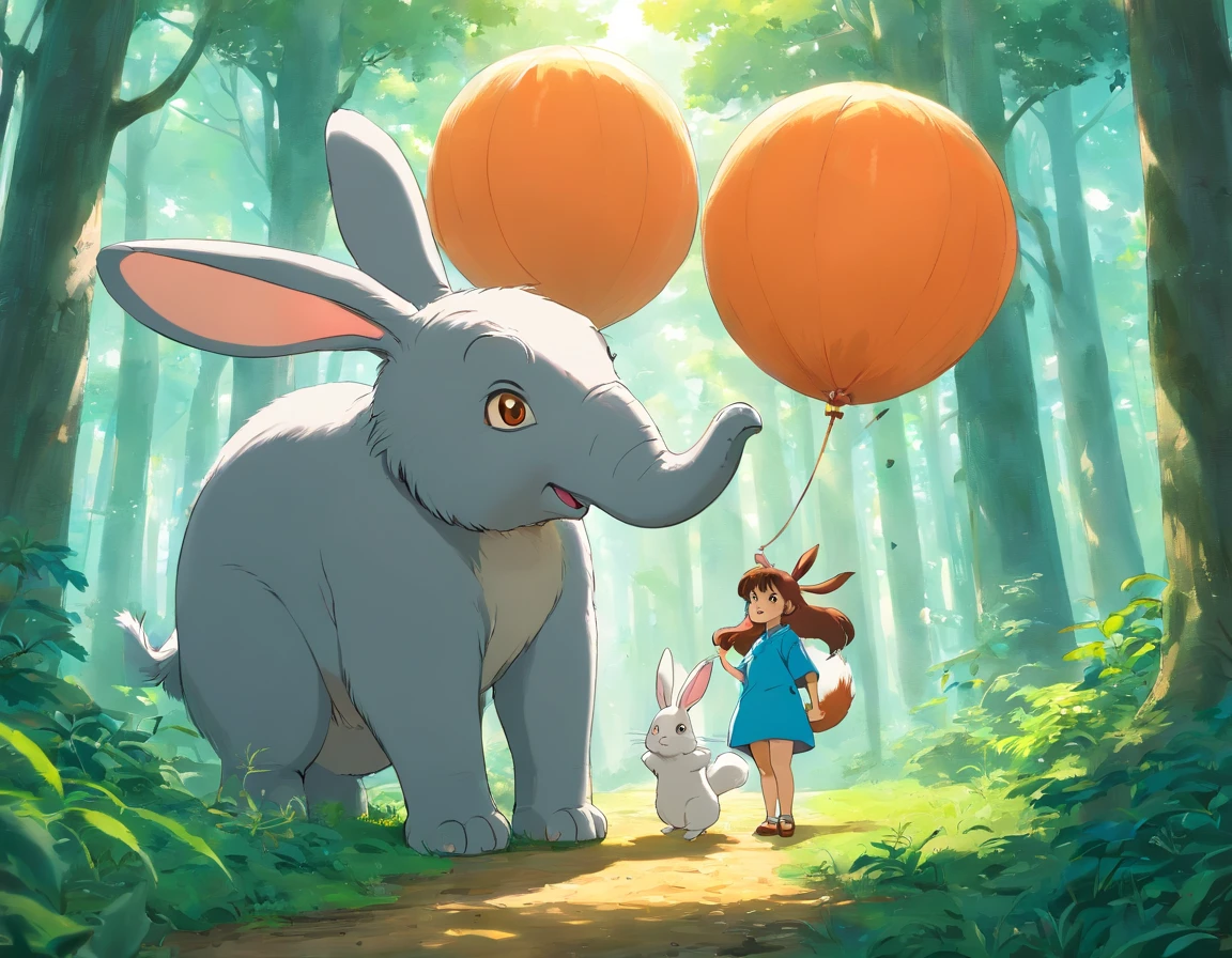 A rabbit,An elephant,Two squirrels,In the Kirin Forest,play