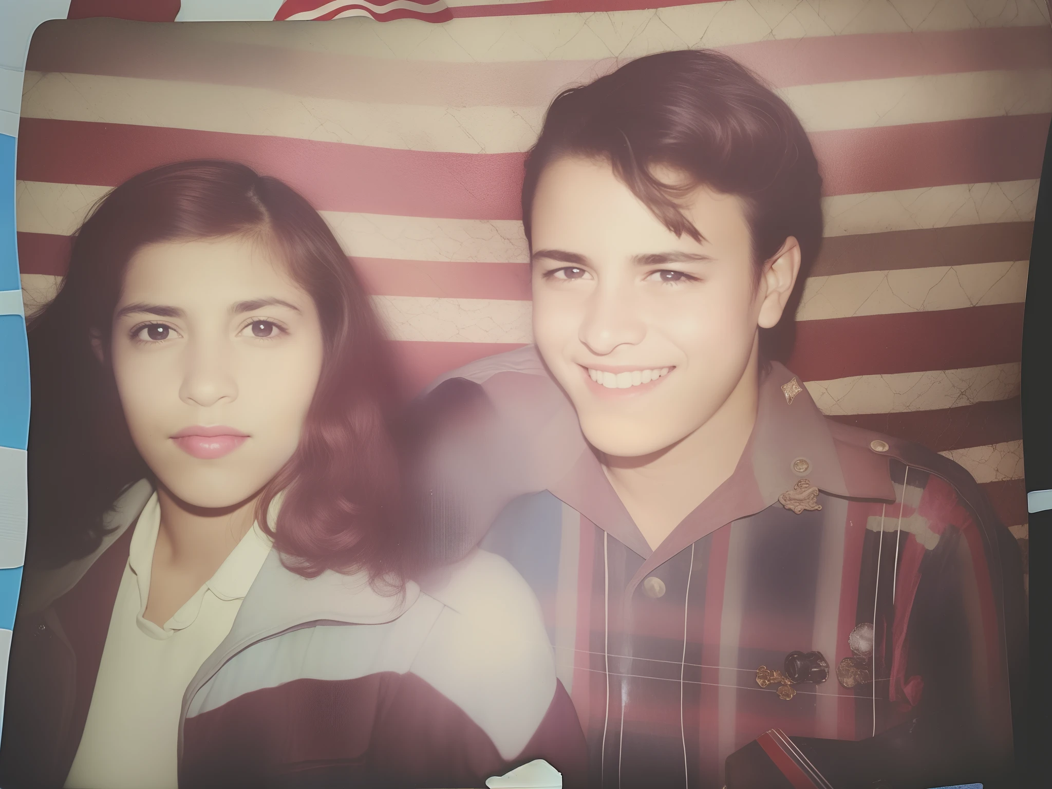 It's two people posing for a photo in front of an American flag, Foto Polaroid encontrada, uma foto colorida, foto granulada danificada, Vindima granulada, foto colorida, foto polaroid vintage, imagem polaroid real, fechar retrato polaroid, colorized photon, foto polaroid real, polaroide granulada, Polaroid foto colorida vintage, Foto colorida dos anos 90