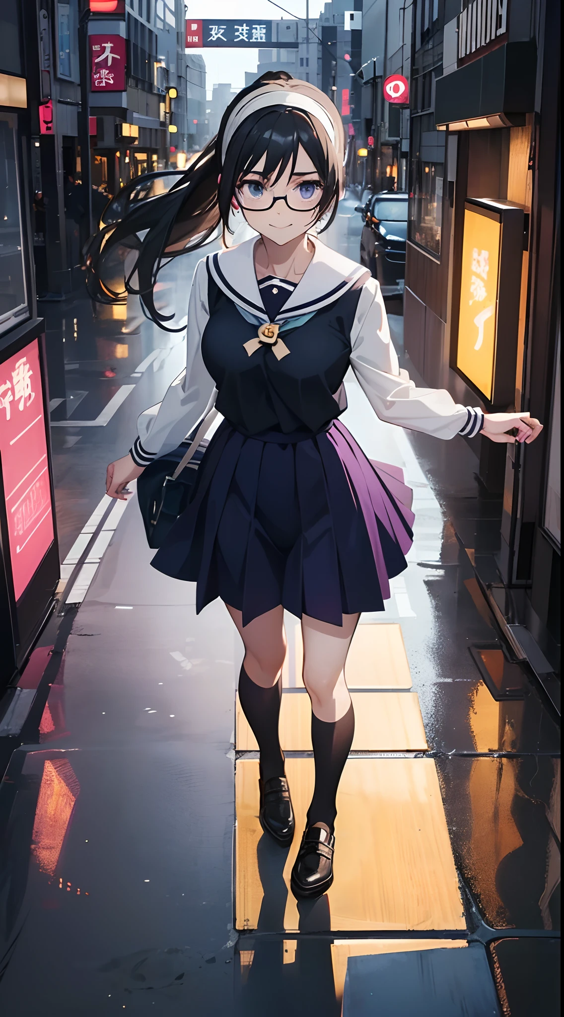 ((masutepiece)), ((Best Quality)), (Ultra-detailed), ((kawaii)), Cute, (lovely), ((Extremely detailed)), 4K, (8K), Best Quality, (Beautiful), Anime style, look down from above, full body focus, city, shibuya city, tokyo prefecture, Night, Starry sky, Cute little girl s, 1girl in, Solo, School uniform, Beautiful dark brown hair, Beautiful purple eyes, ((Beautiful eyes)), White-skinned, Ponytail, Transparent hair, translucent hair, large full breasts, horseshoe-shaped hairband, Glasses, lightsmile, Neon light, Wind-effect, reflection effect
