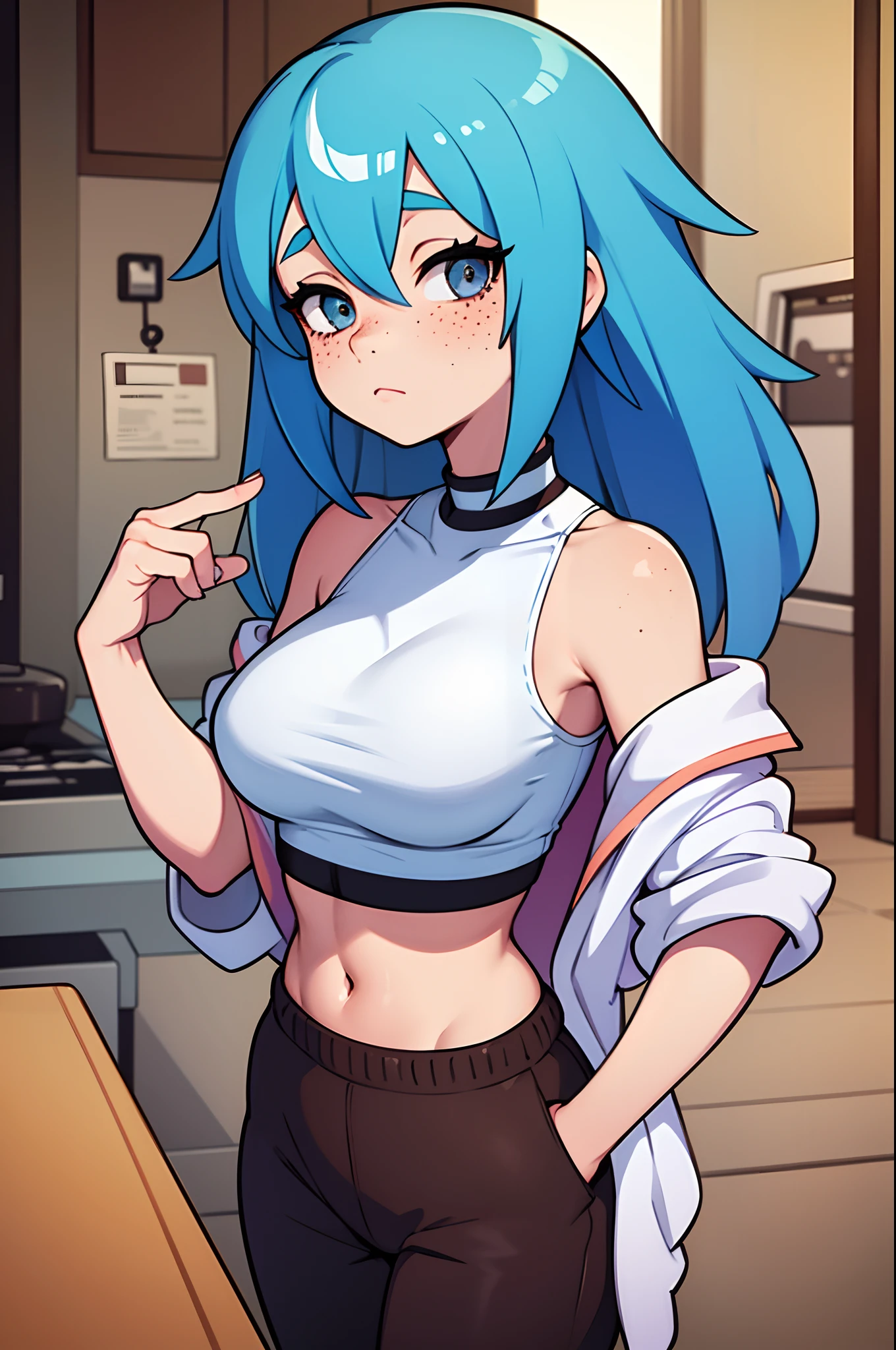 Woman in crop top and sweats, pastel blue hair, brown eyes, freckles