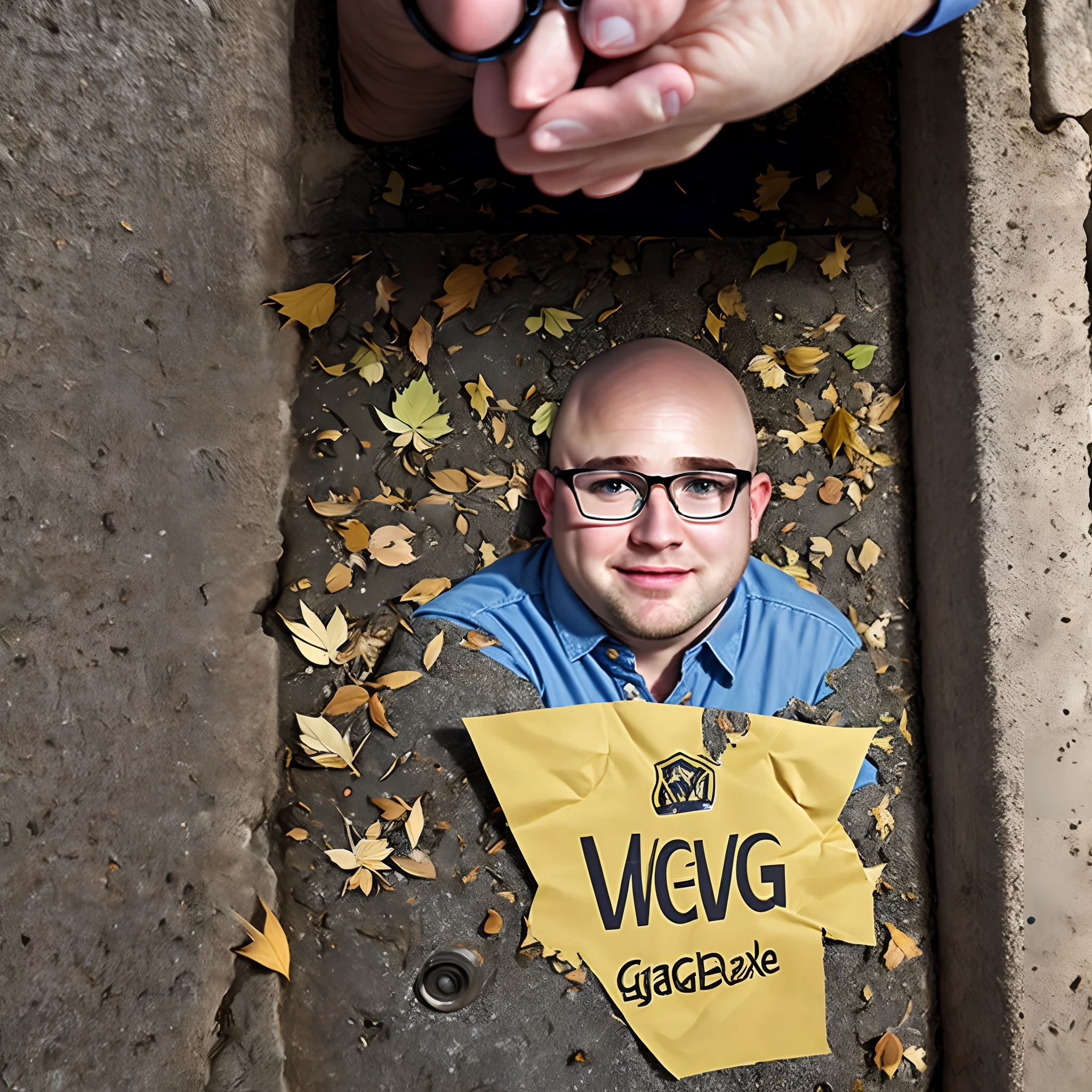 Bald and chubby blond man with glasses in the shirt of the universe Agv is on the street leafleting