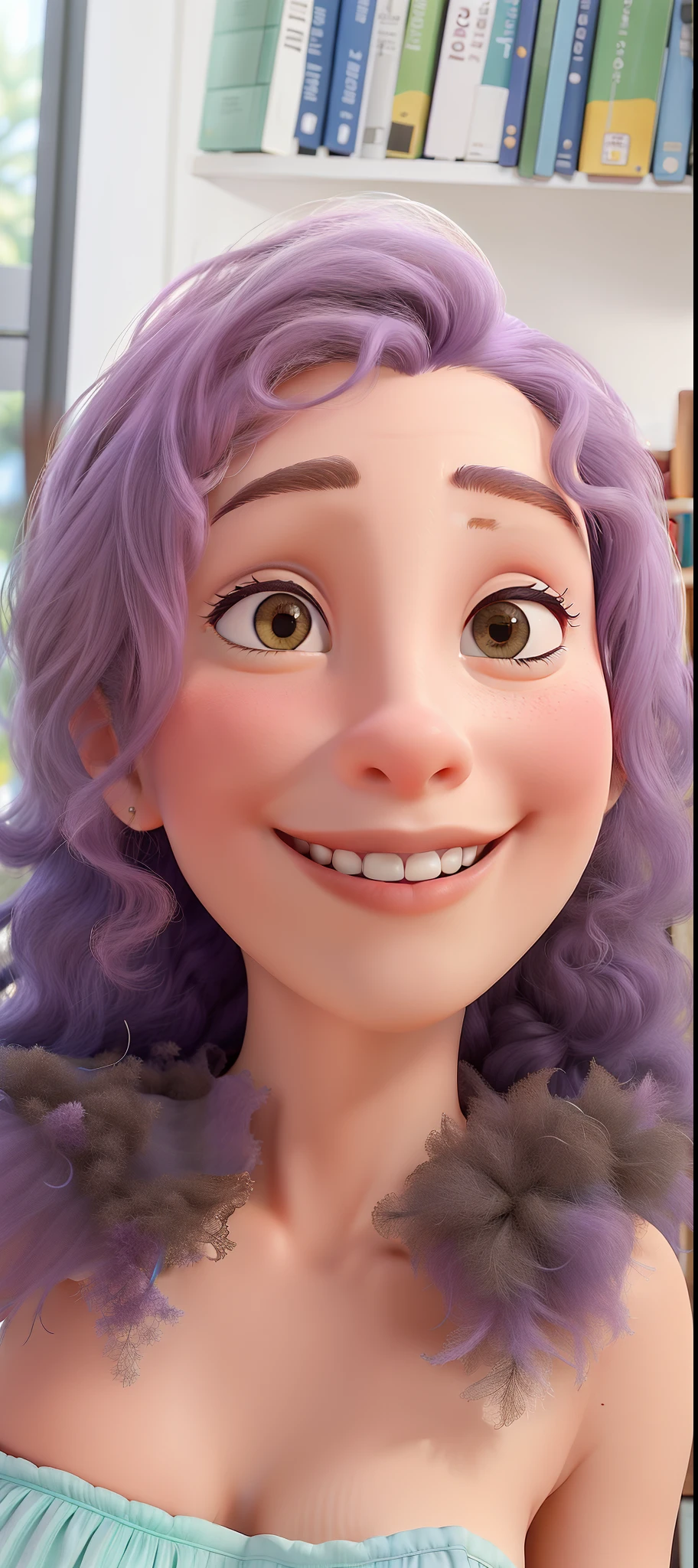 Obra-prima, de melhor qualidade, uma mulher branca de cabelos grisalhos. Dressed in a lilac dress visiting a library