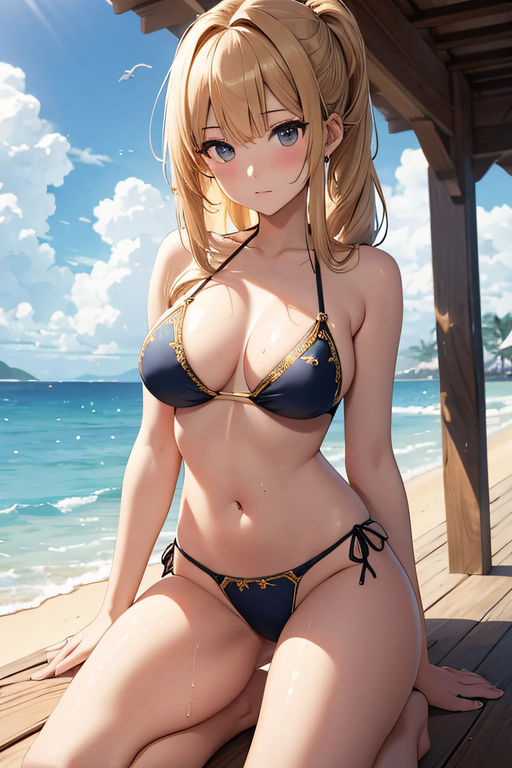 masterpiece、Background with((sea side、sand beach))、、a beauty girl、Golden hair、huge tit、Detailed embroidery on the bikini、 Get on your knees、Open your crotch、perspiring、Hair wetness、I'm putting my hair together、poneyTail