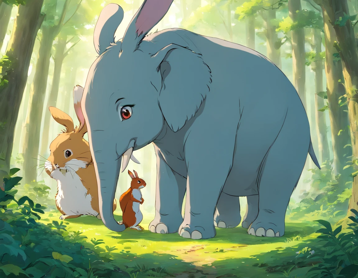 A rabbit,An elephant,Two squirrels,In the Kirin Forest,play