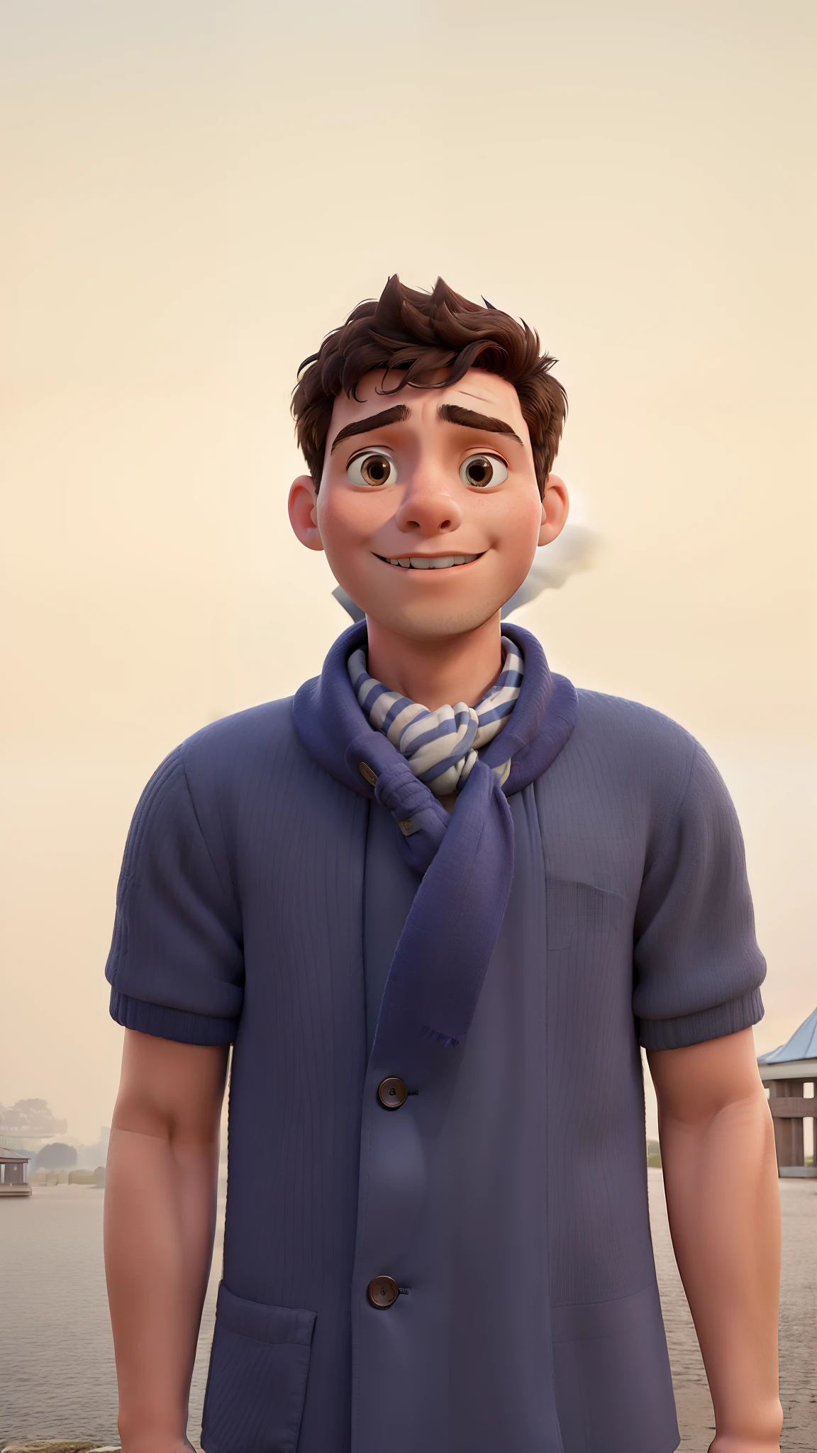 masterpiece, best quality, an child man with a scarf on, wearing a navy coat and white scarf, standing at the park