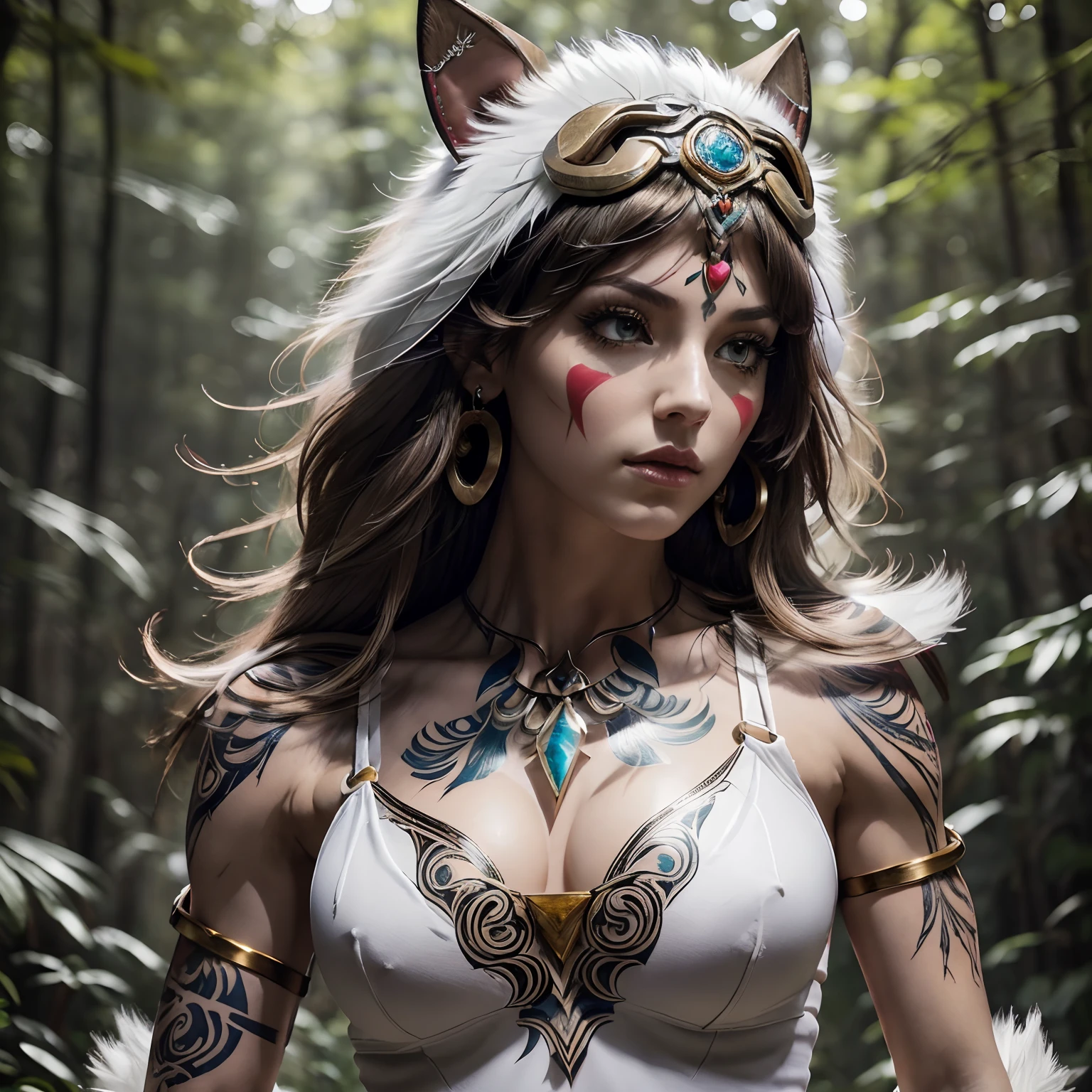 (Realistic, masterpiece, ethereal, cosmic, mirror colors background, vivid light pyramids, tree spirits falling in background, refracting light, surreal aesthetic, cinematic lighting), (1female, princess mononoke wearing red and gold mask on head, beautiful blue crystal necklace, beautiful eyes, perfect face, perfect nose, perfect eyes, gray xanthochromia eyes, white armor, chest plate, shoulder plate, intricate white plate armored, decorative sexy armor, huge breasts, large quadriceps, 6 pack abs, toned abs, muscular, skinny waist, shiny hair, shiny skin, confident stance, sexy pose, action pose, small tattoos, many tattoos, mid length bob cut) ears pierced many, sternum tattoo, tree spirit tattoos, heavy tattoo chest, heavy tattoo shoulder, heavy tattoo sternum