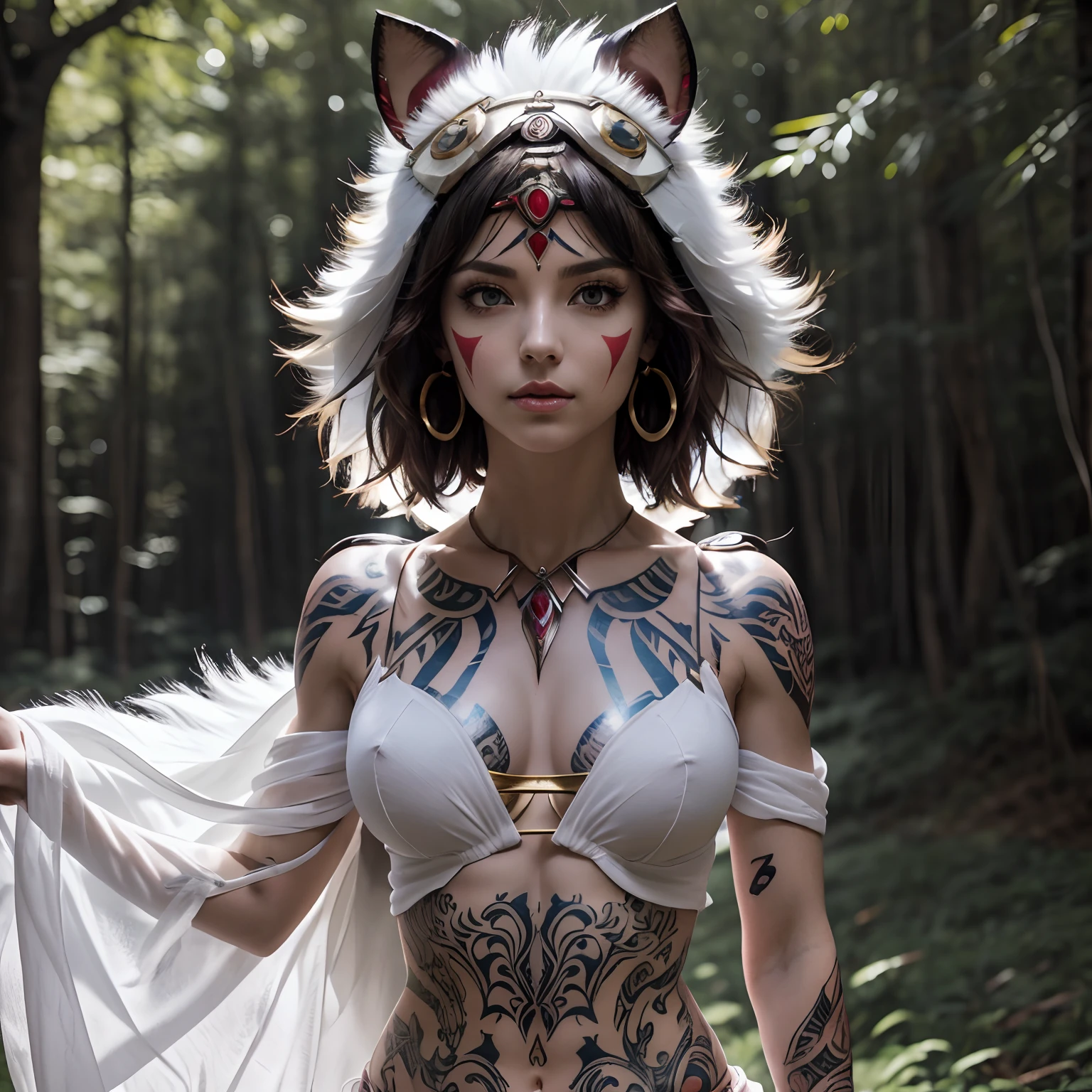 (Realistic, masterpiece, ethereal, cosmic, mirror colors background, vivid light pyramids, tree spirits falling in background, refracting light, surreal aesthetic, cinematic lighting), (1female, princess mononoke wearing red and gold mask on head, beautiful blue crystal necklace, beautiful eyes, perfect face, perfect nose, perfect eyes, gray xanthochromia eyes, white armor, chest plate, shoulder plate, intricate white plate armored, decorative sexy armor, huge breasts, large quadriceps, 6 pack abs, toned abs, muscular, skinny waist, shiny hair, shiny skin, confident stance, sexy pose, action pose, small tattoos, many tattoos, mid length bob cut) ears pierced many, sternum tattoo, tree spirit tattoos, heavy tattoo chest, heavy tattoo shoulder, heavy tattoo sternum