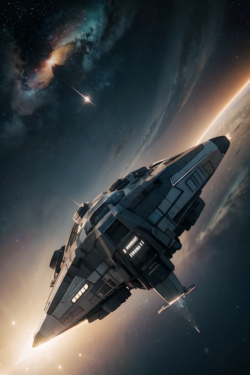 damaged spaceship drifting in space, stars twinkle in the background, comic book style illustration, flat illustration, flat color, Watercolor, Block illustration, Charcoal illustration, Colored pencil illustration, Ink illustration, vector art, detailed watercolor effects, digital paint, soft light, panoramic view, isometric style, vintage aesthetic, character focus, 4K resolution, realistic rendering, use using Cinema 4D --style raw