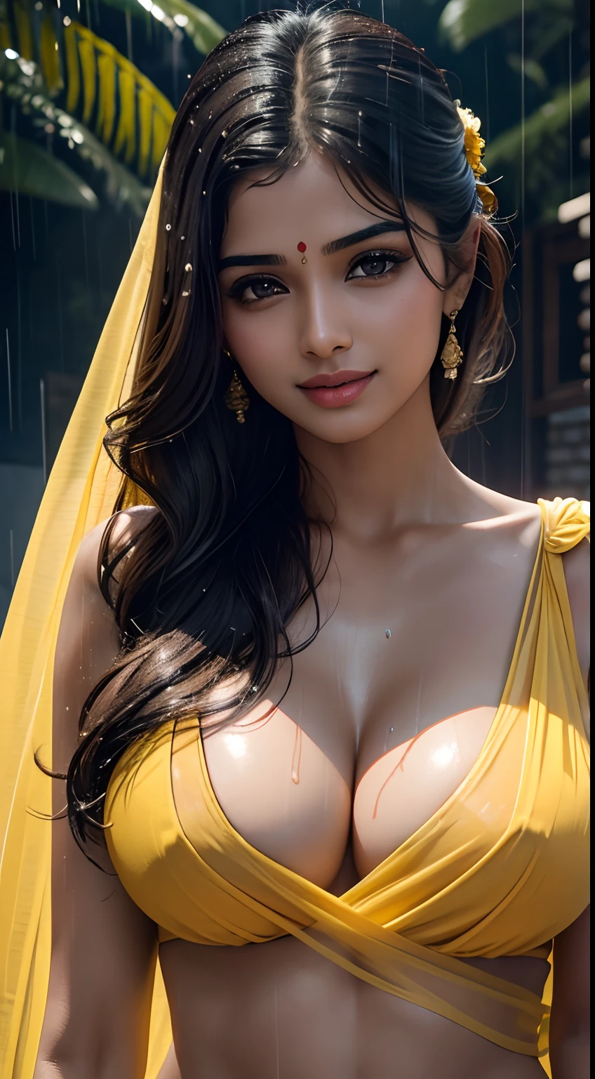 23 year old beautiful Indian girl, young, translucent skin, beautiful, erotic, holding a loose yellow saree over her body, completely drenched in rain, wet, above average breasts, cleavage, smiling, make up on face, beautiful body, beautiful eyes nose lips mouth face, upper body, boob cleavage, butt cleavage, dynamic pose, closeup, realistic, super sexy, dynamic camera angle, hyper realistic, highly detailed, shot on canon uhd