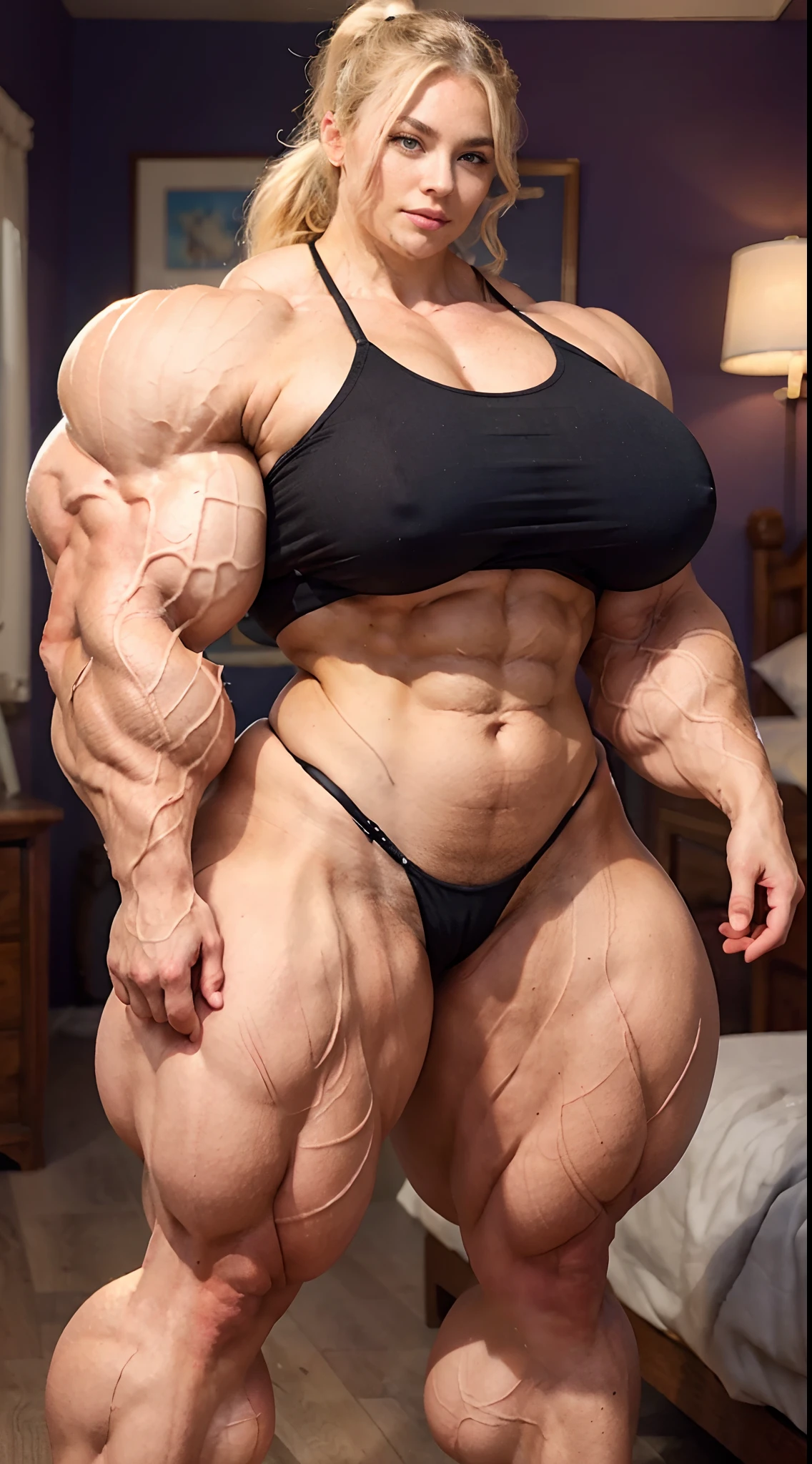 Huge woman, (abs: 2), ((blonde hair)), ponytail hair, wavy hair, tight clothes, big biceps, big triceps, big deltoids, big trapezius, big quads, body builder, curved eyelids, curved eyebrows, eyeliner, plump lips, blue eyes, thin face structure, veins, slight smirk, (huge muscles), round boobs, (((big boobs))), (black thong), (muscular legs: 2), beautiful facial features, warm lighting, bedroom, (big thighs: 2),